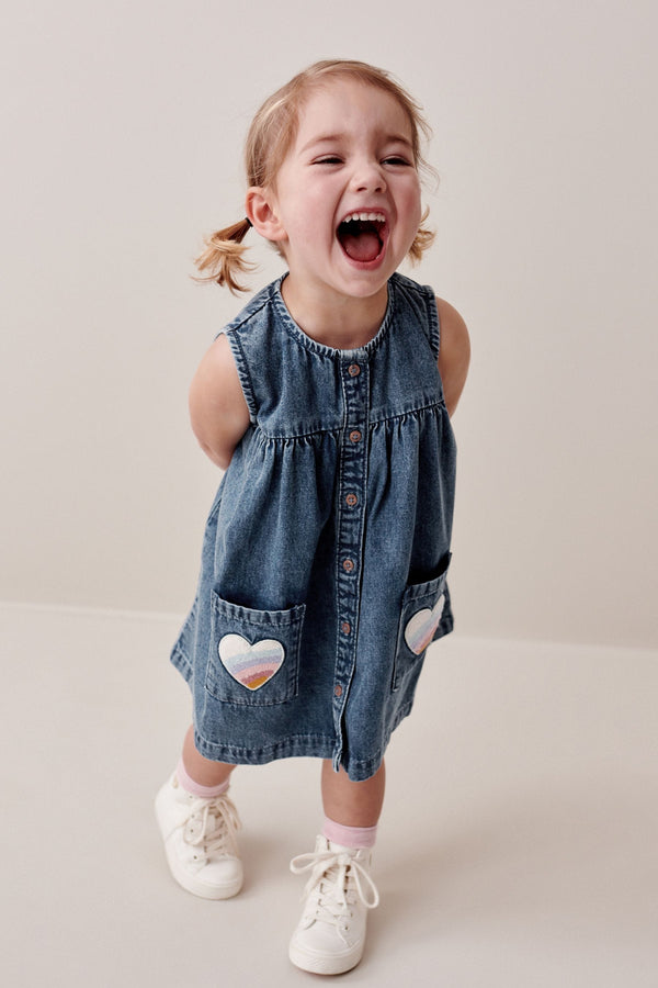 Blue Denim 100% Cotton Heart Detail Dress (3mths-8yrs)