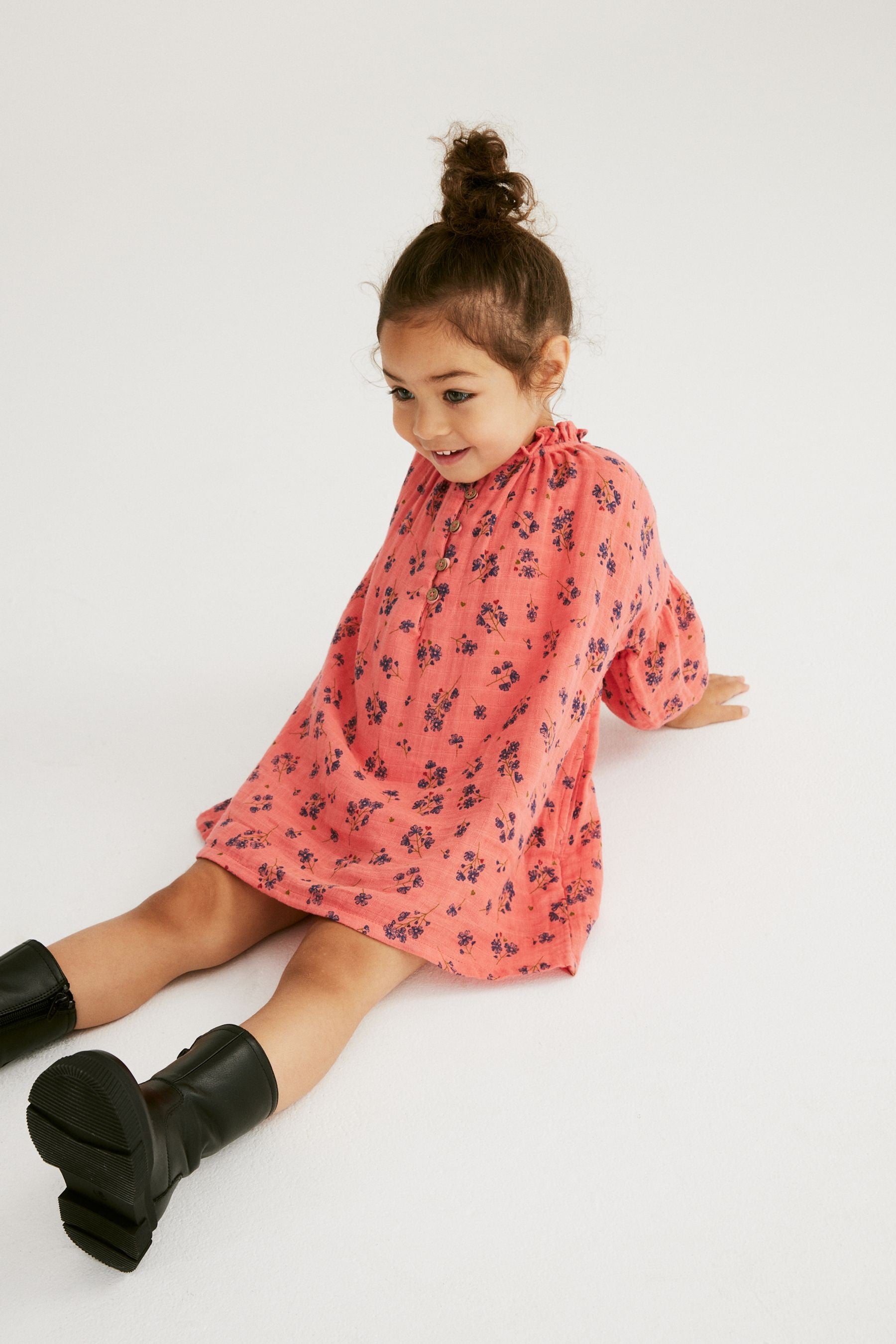 Coral Pink Ditsy Ruffle Collar Cotton Dress (3mths-8yrs)