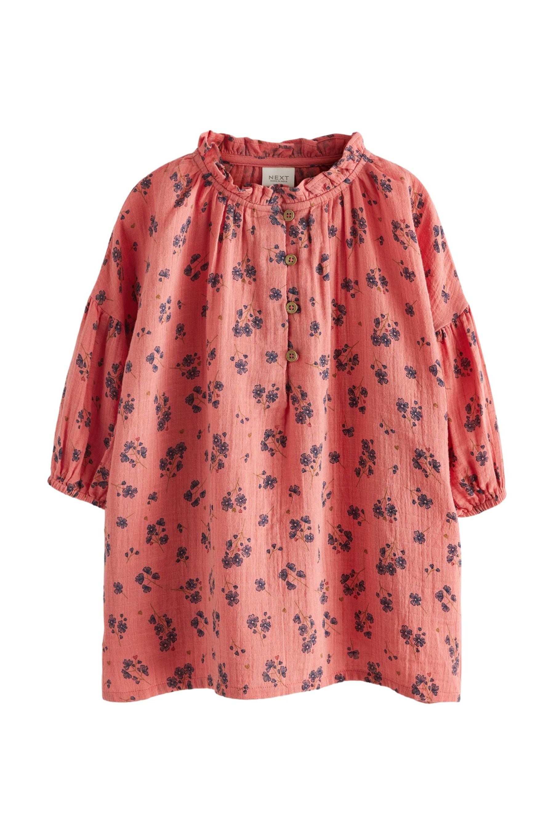 Coral Pink Ditsy Ruffle Collar Cotton Dress (3mths-8yrs)