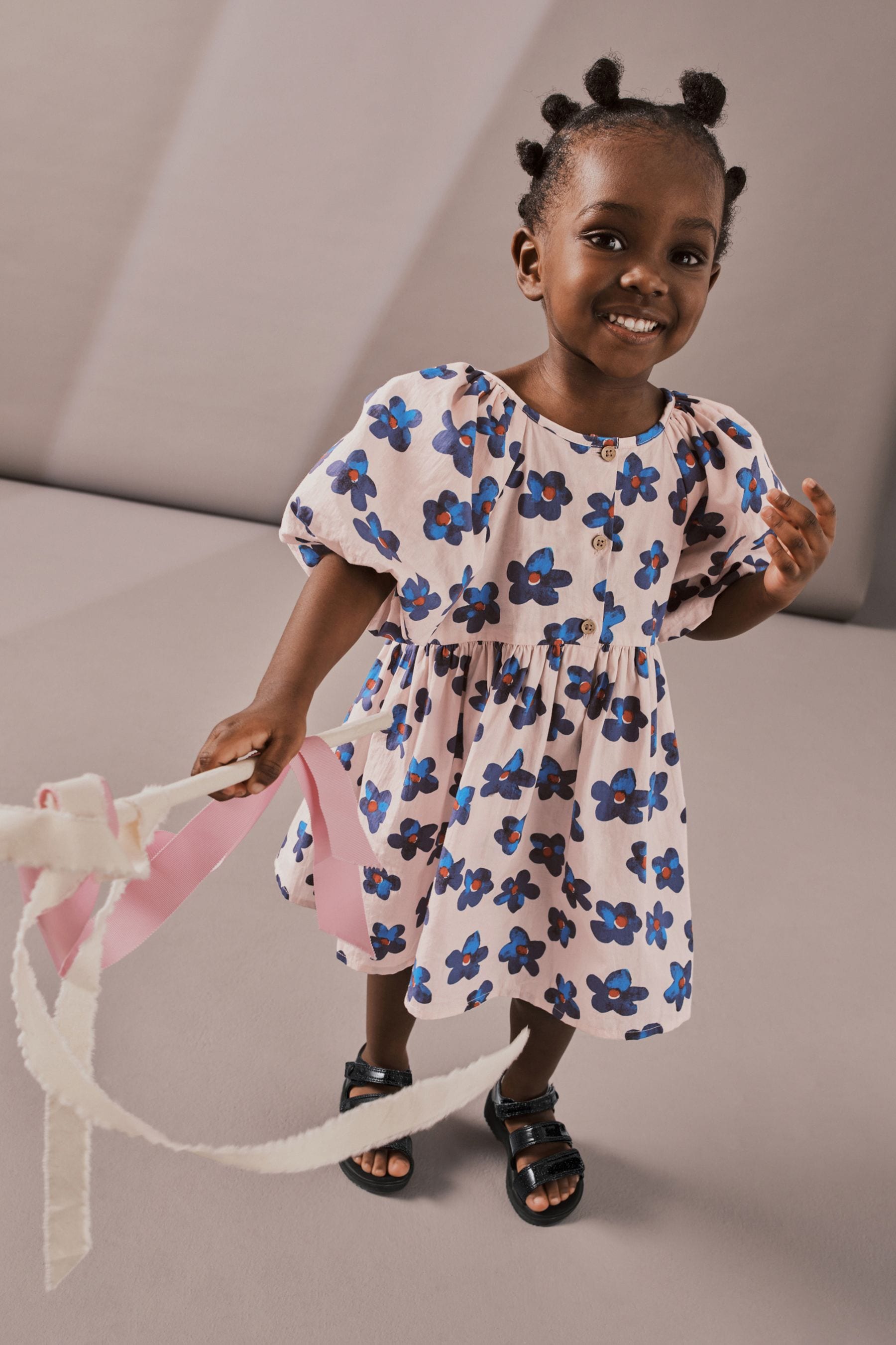 Blue Floral Puff Sleeve Dress (3mths-8yrs)