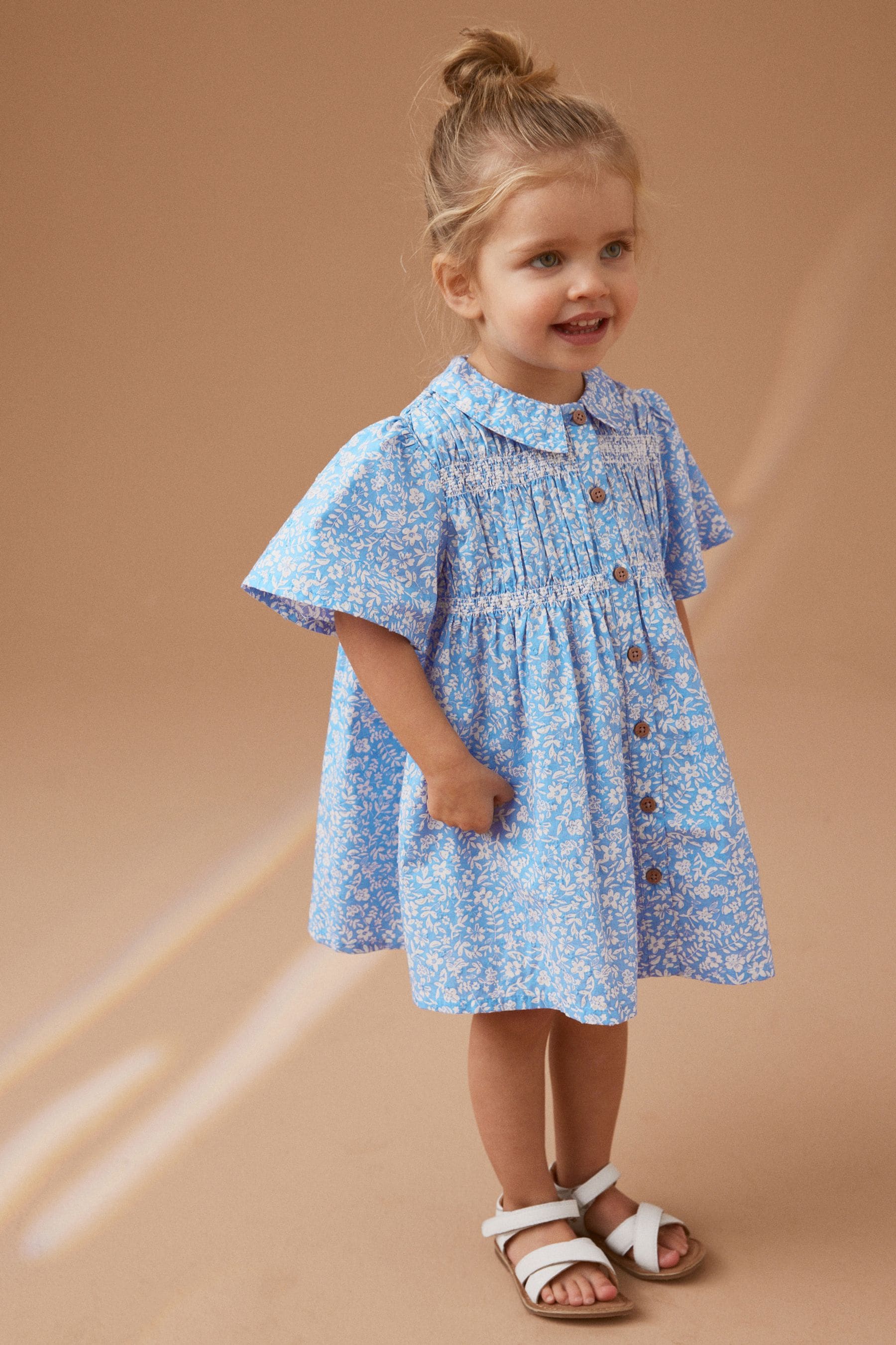 Blue Ditsy Shirred Cotton Dress (3mths-7yrs)