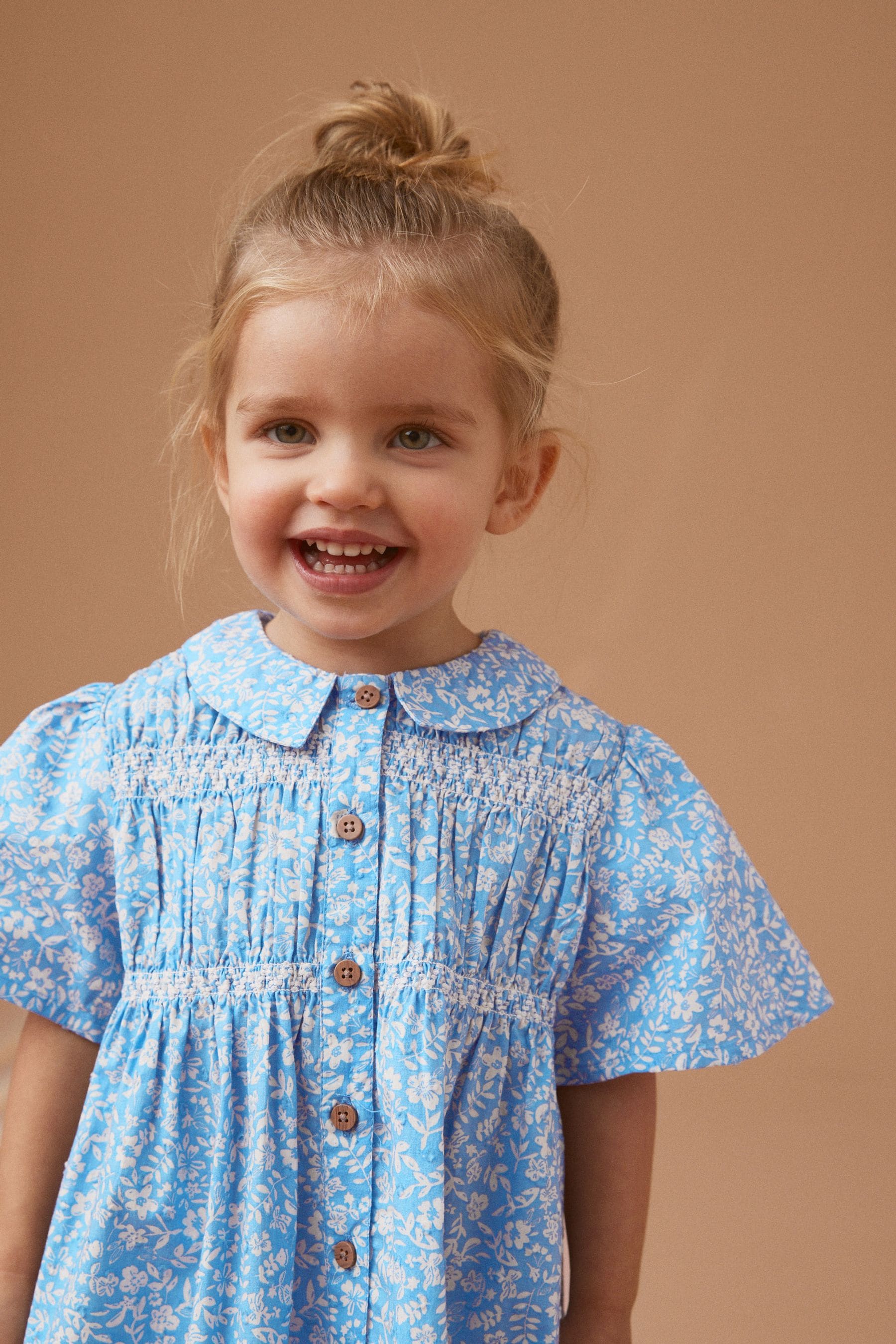 Blue Ditsy Shirred Cotton Dress (3mths-7yrs)