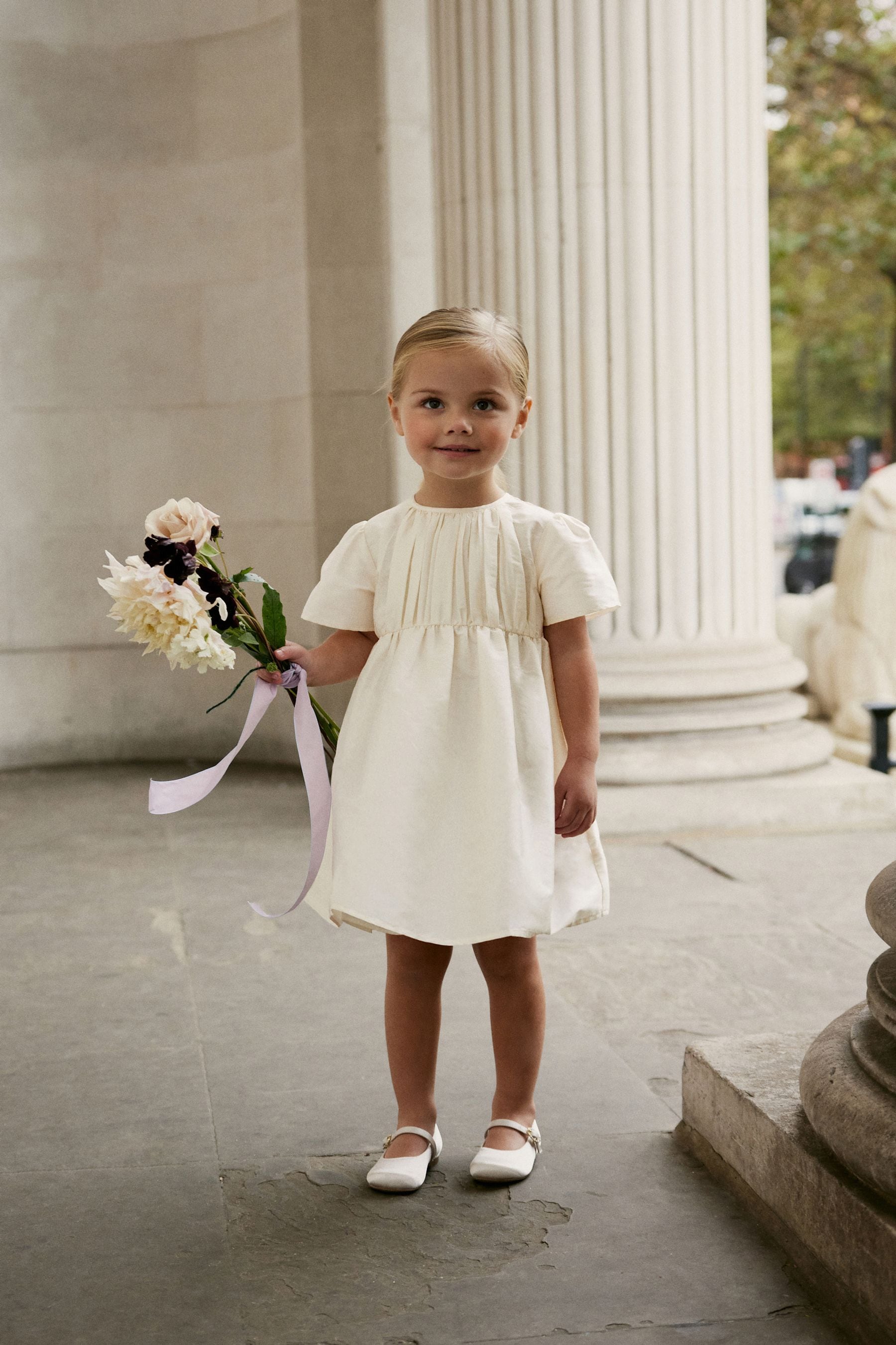 Cream Pleat Detail Short Sleeve Taffeta Dress (3mths-10yrs)