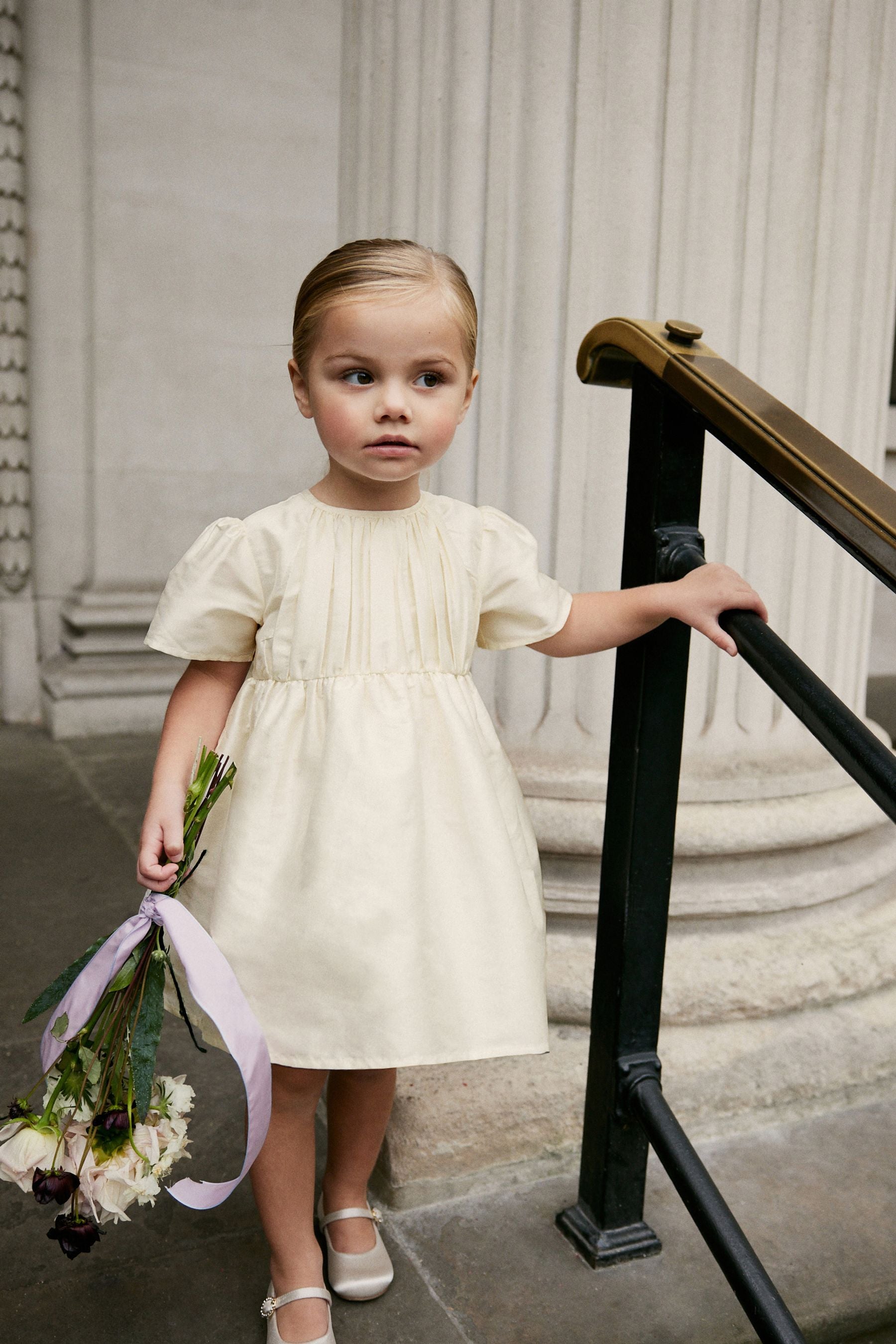 Cream Pleat Detail Short Sleeve Taffeta Dress (3mths-10yrs)