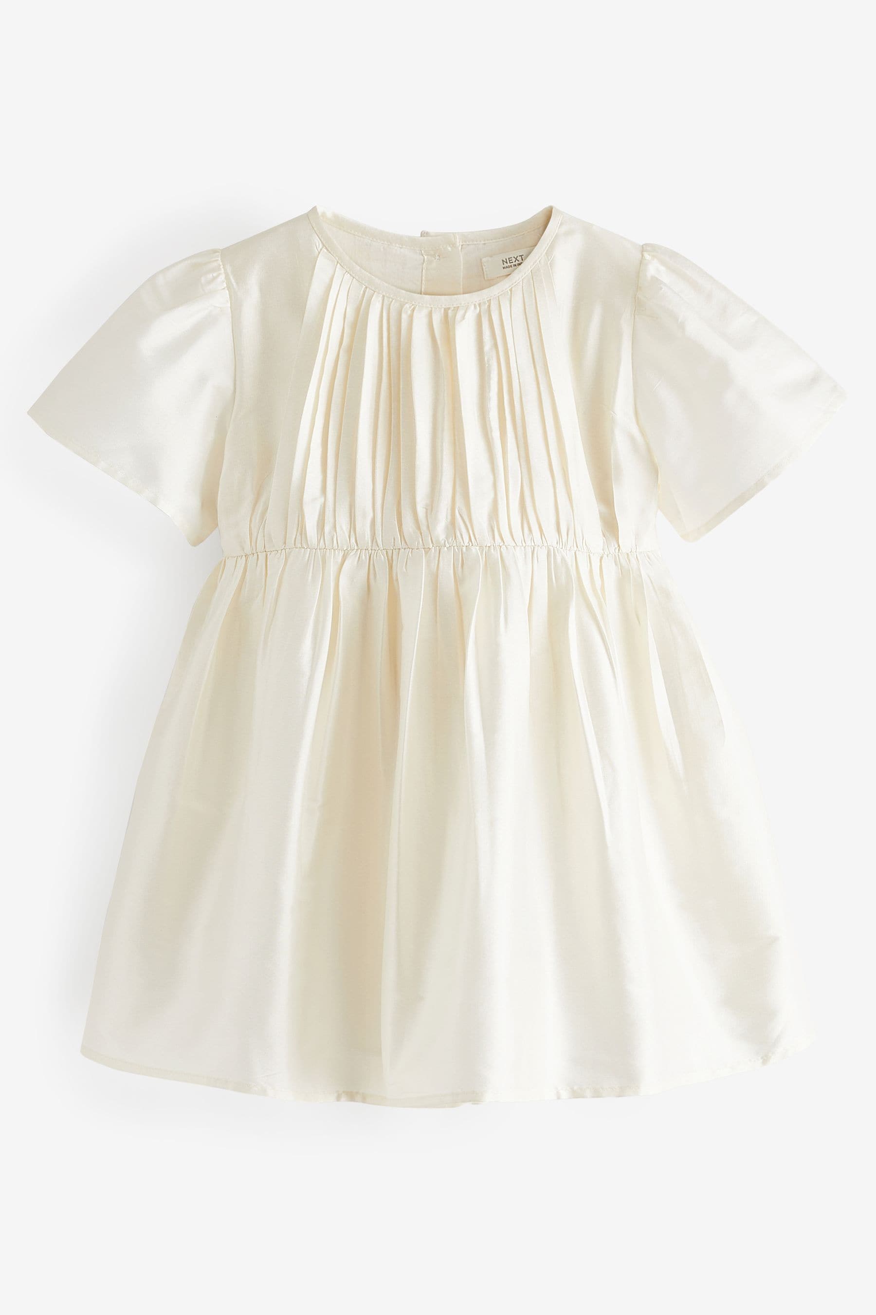 Cream Pleat Detail Short Sleeve Taffeta Dress (3mths-10yrs)