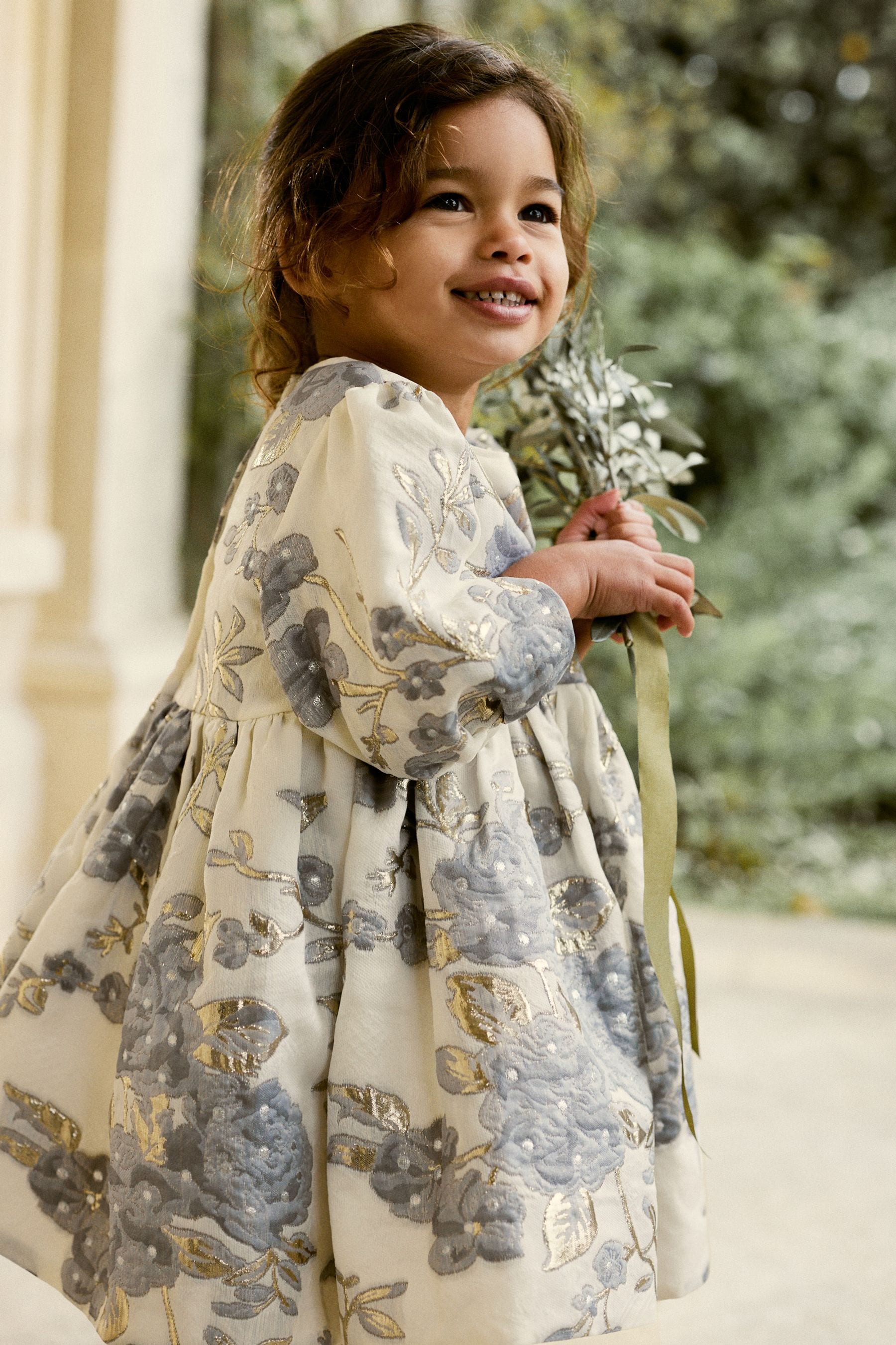 Gold/Silver Grey Floral Jacquard Prom Dress (12mths-10yrs)