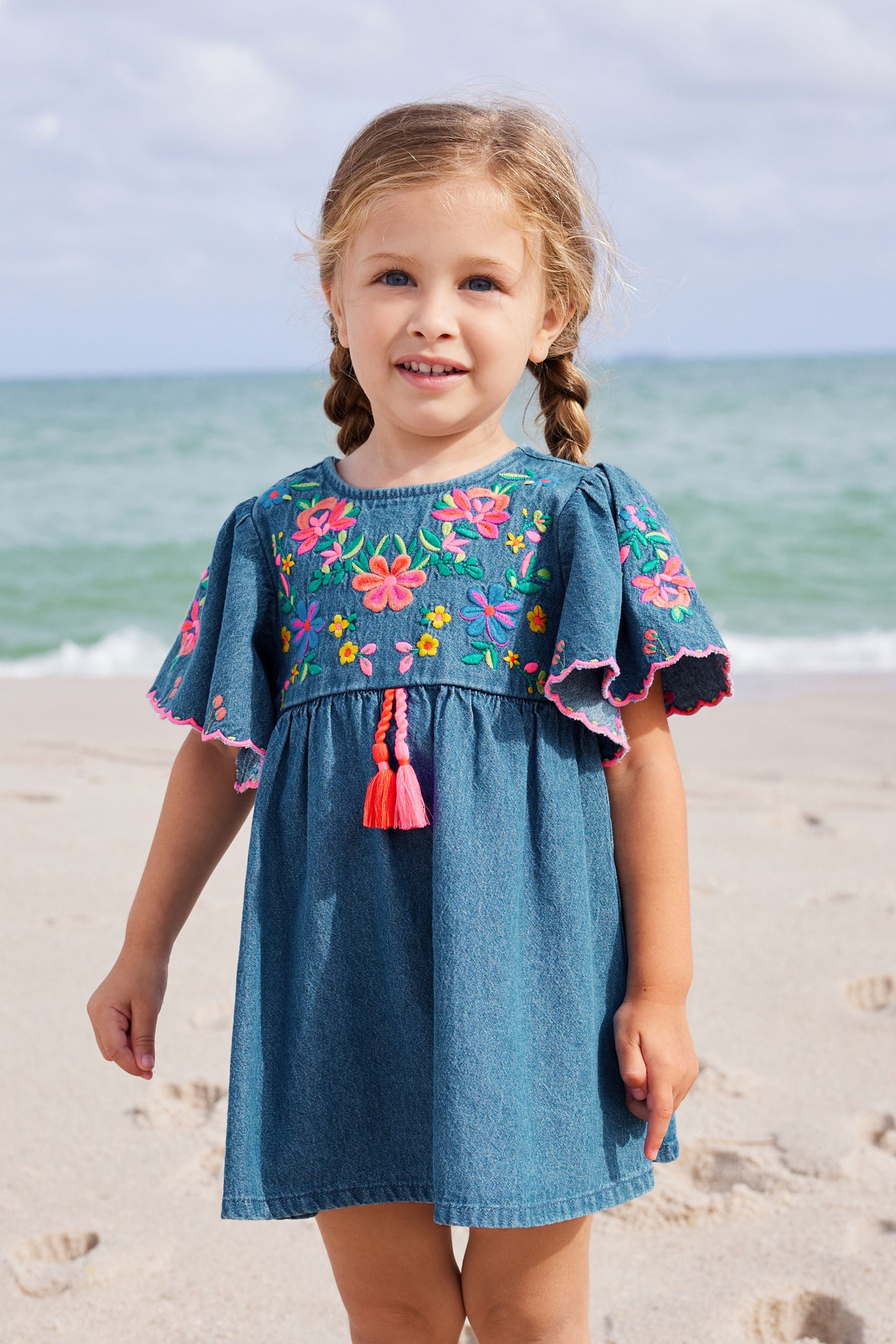 Blue Denim Embroidered 100% Cotton Kaftan Dress (3mths-10yrs)