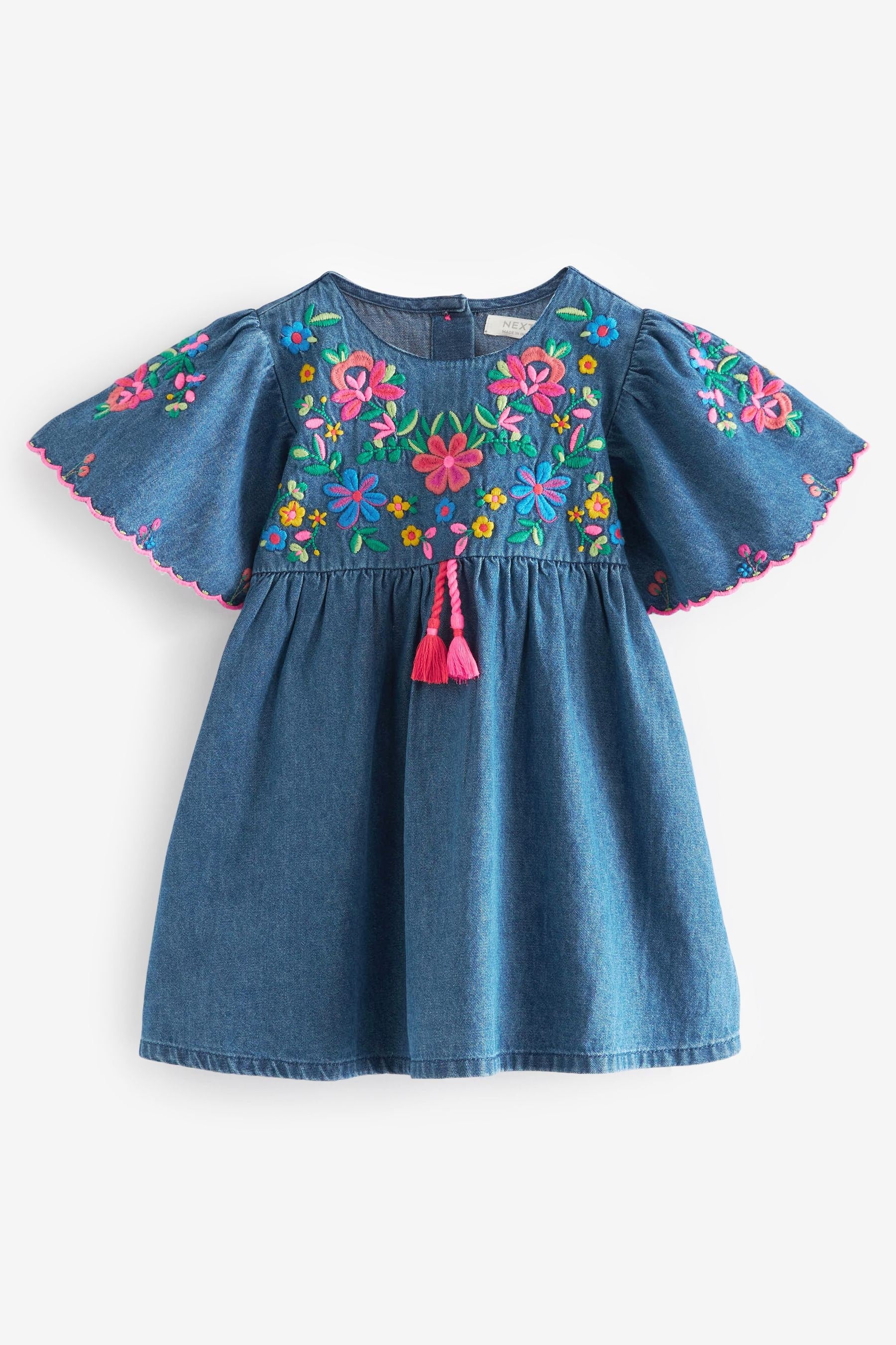 Blue Denim Embroidered 100% Cotton Kaftan Dress (3mths-10yrs)