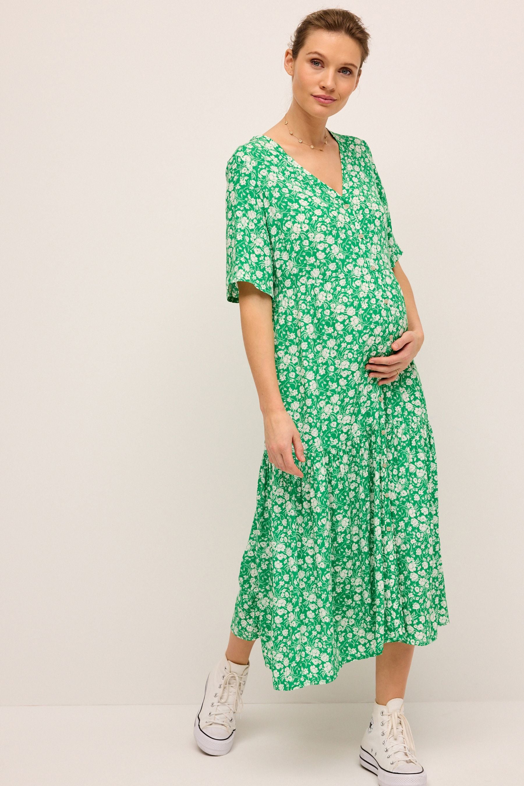 Green Floral Maternity Angel Sleeve Dress