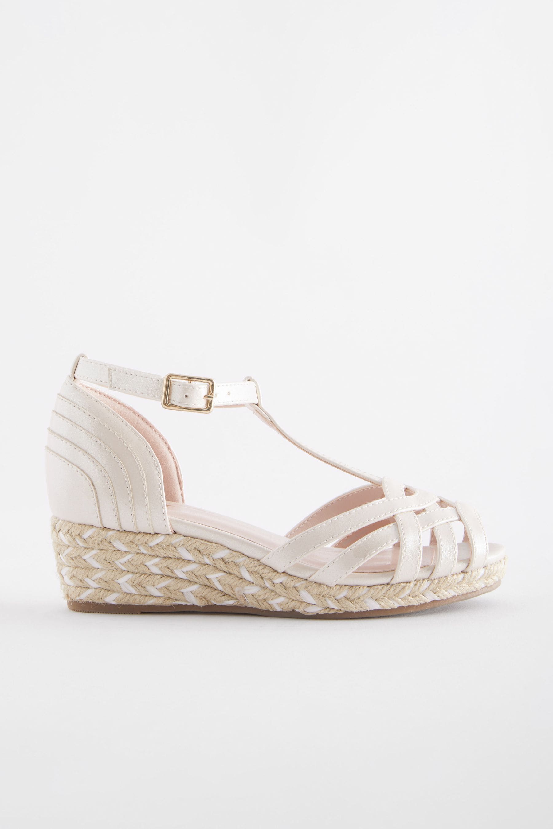 White Shimmer Woven Wedge Ankle Strap Sandals