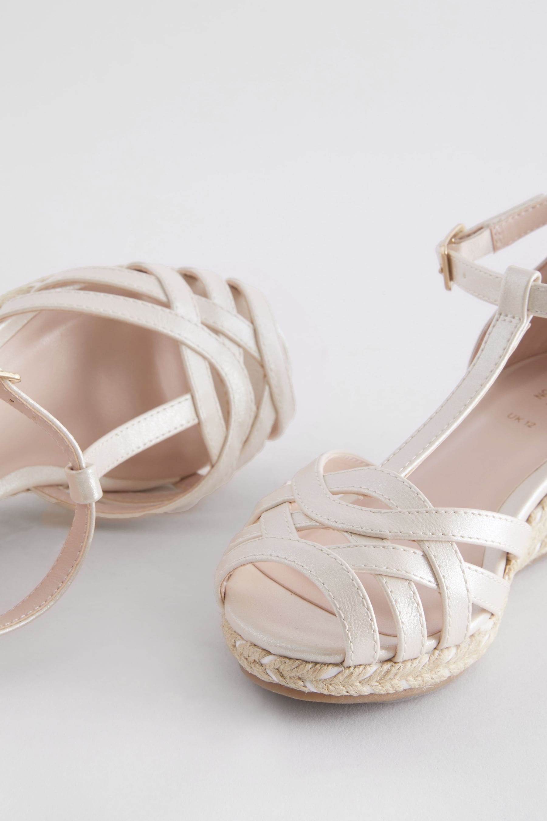 White Shimmer Woven Wedge Ankle Strap Sandals