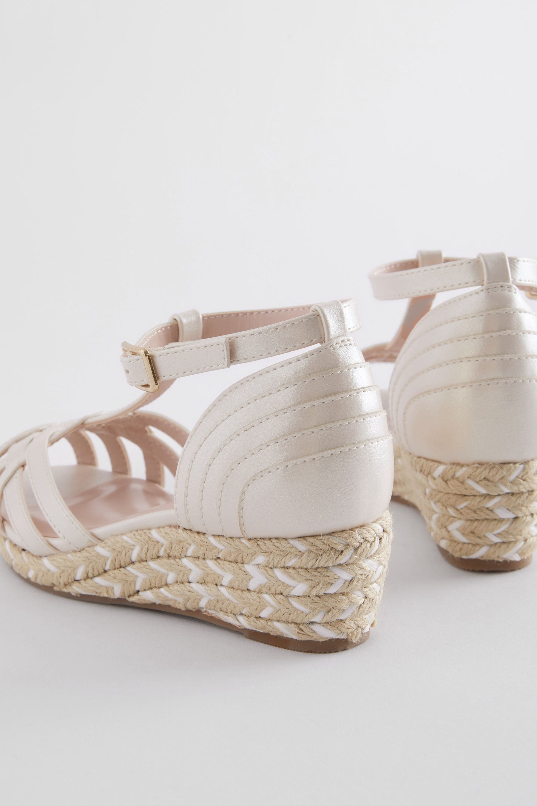 White Shimmer Woven Wedge Ankle Strap Sandals