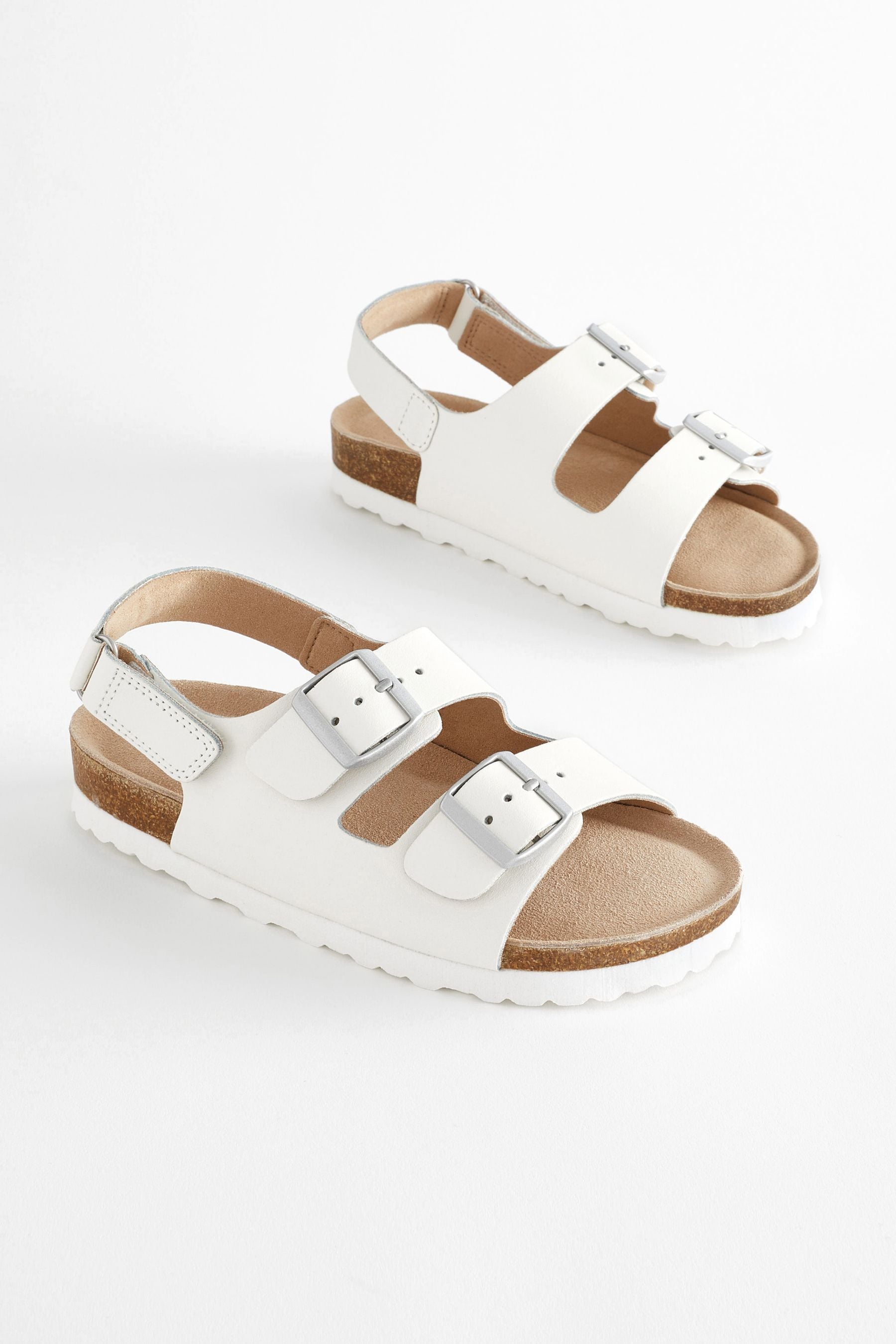 White Leather Two Strap Corkbed Sandals