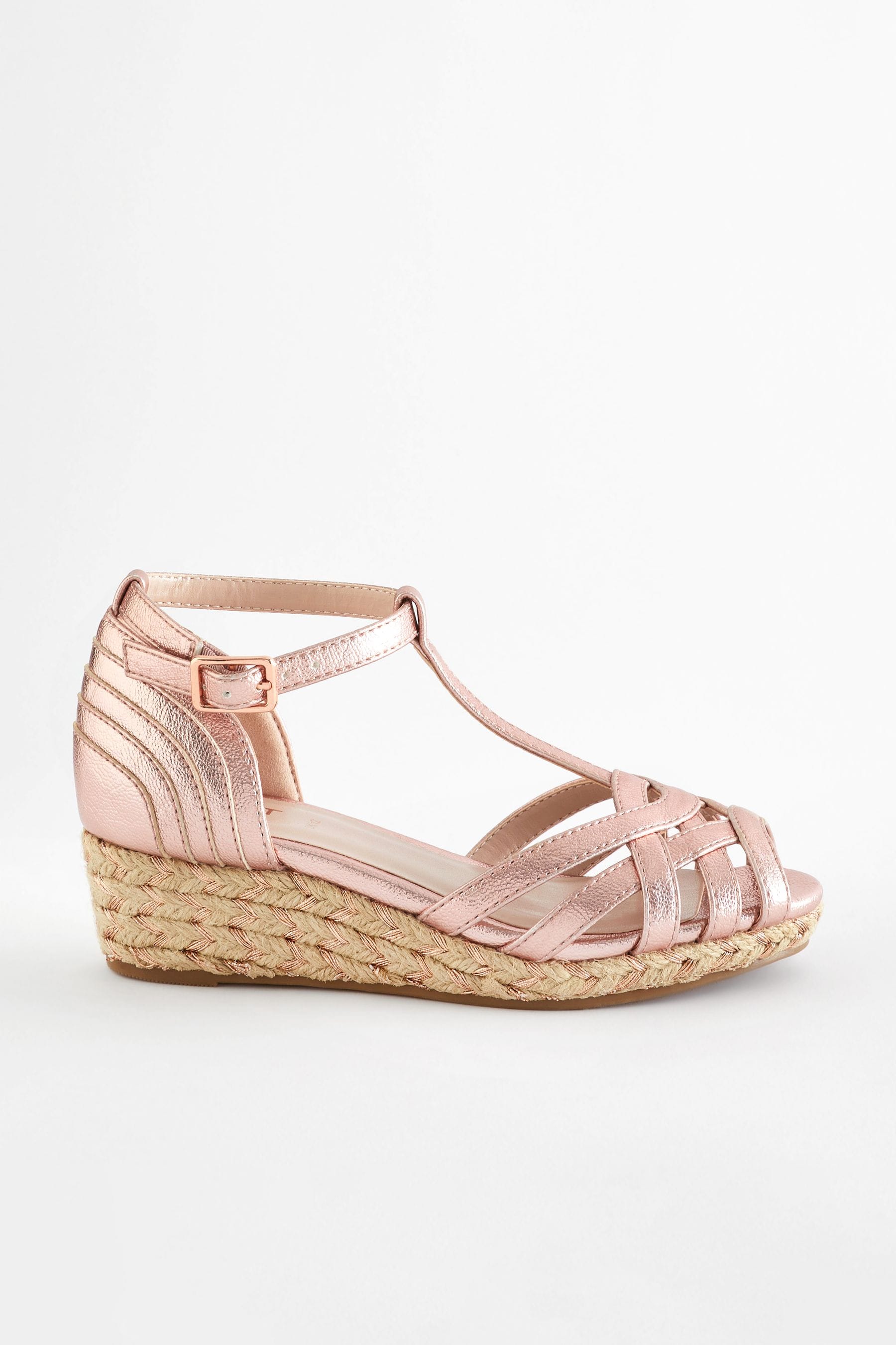 Rose Gold Woven Wedge Ankle Strap Sandals