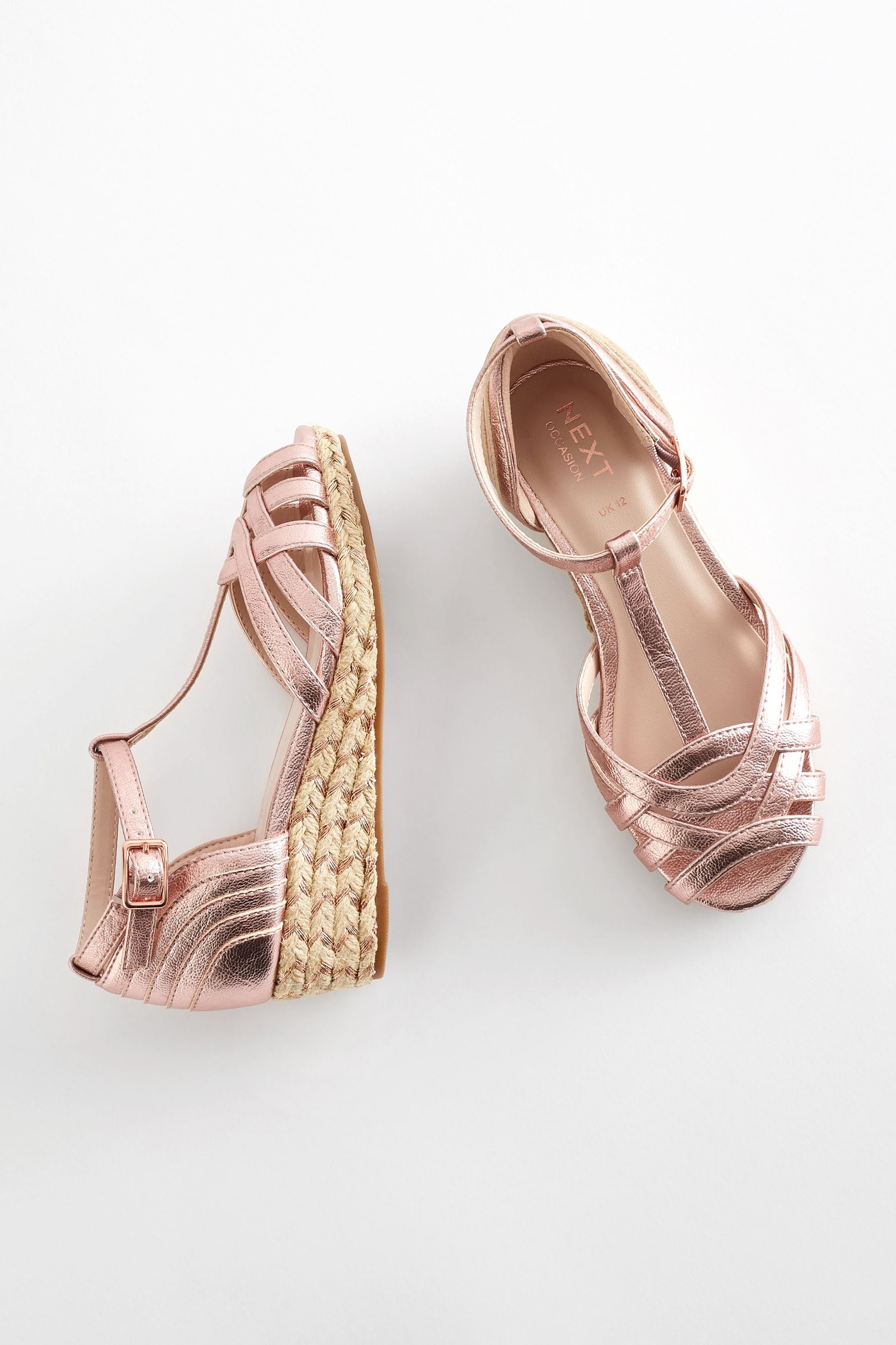 Rose Gold Woven Wedge Ankle Strap Sandals