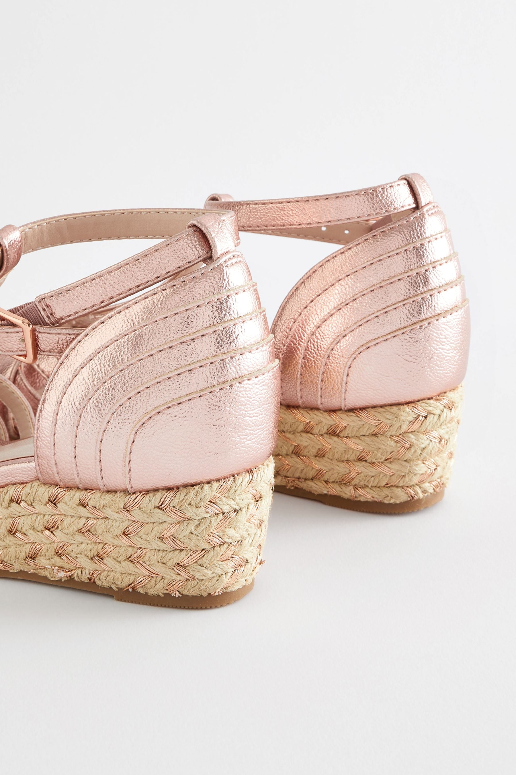 Rose Gold Woven Wedge Ankle Strap Sandals