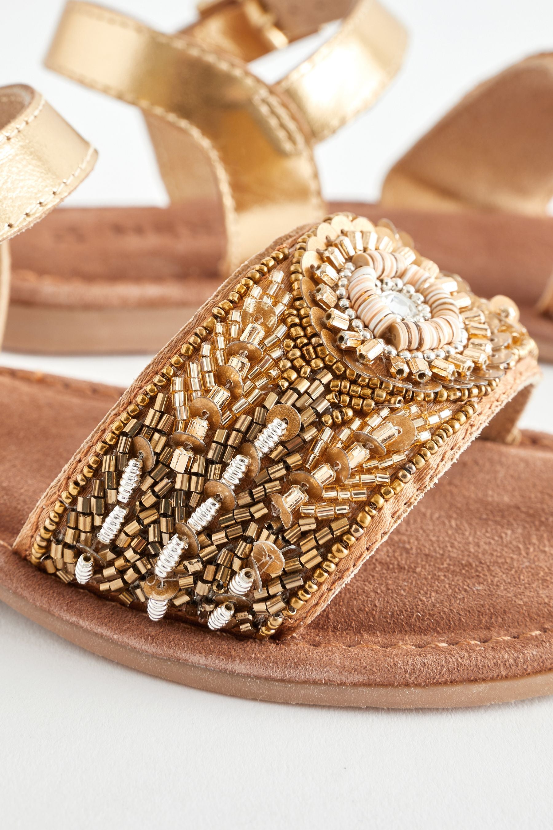 Gold Beaded Leather Occasion Sandals