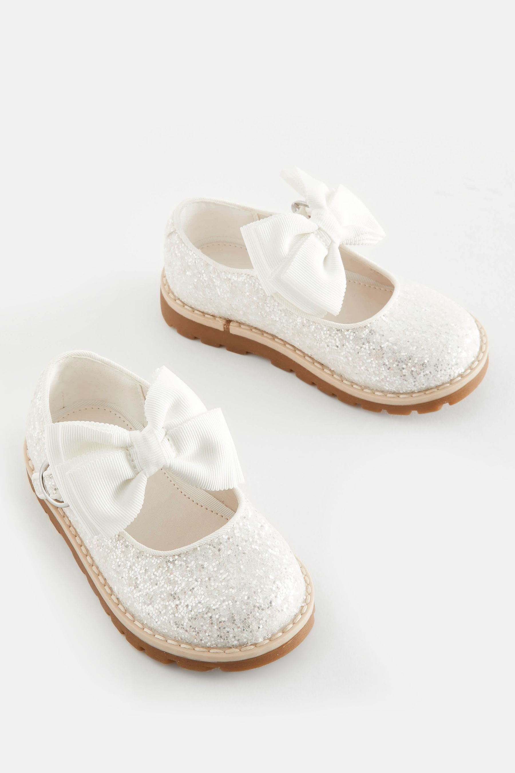 White Glitter Bow Standard Fit (F) Mary Jane Touch Fastening Bow Shoes