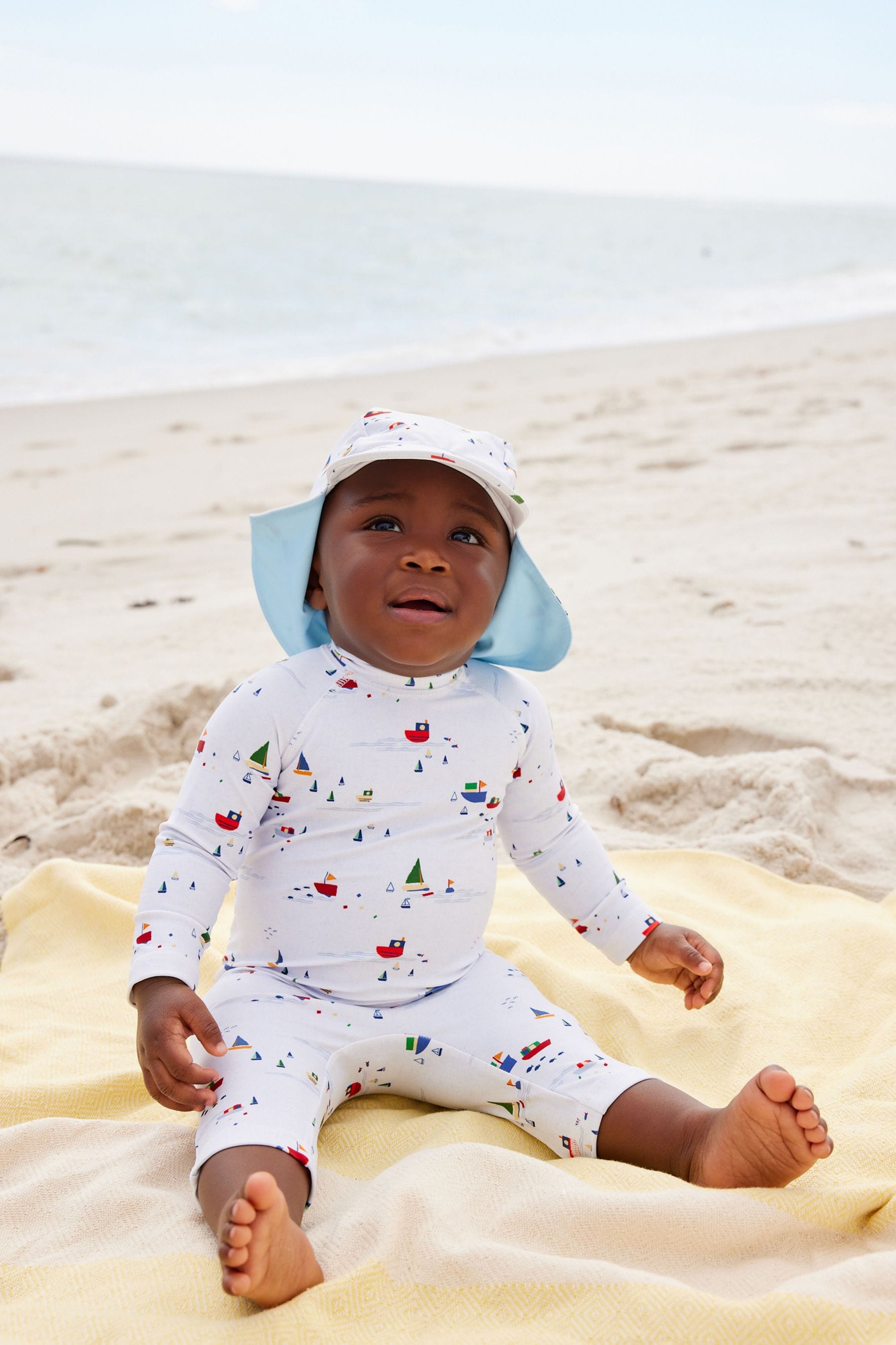 Pale Blue Boats Sunsafe Swimsuit & Hat 2 Piece Set (3mths-7yrs)