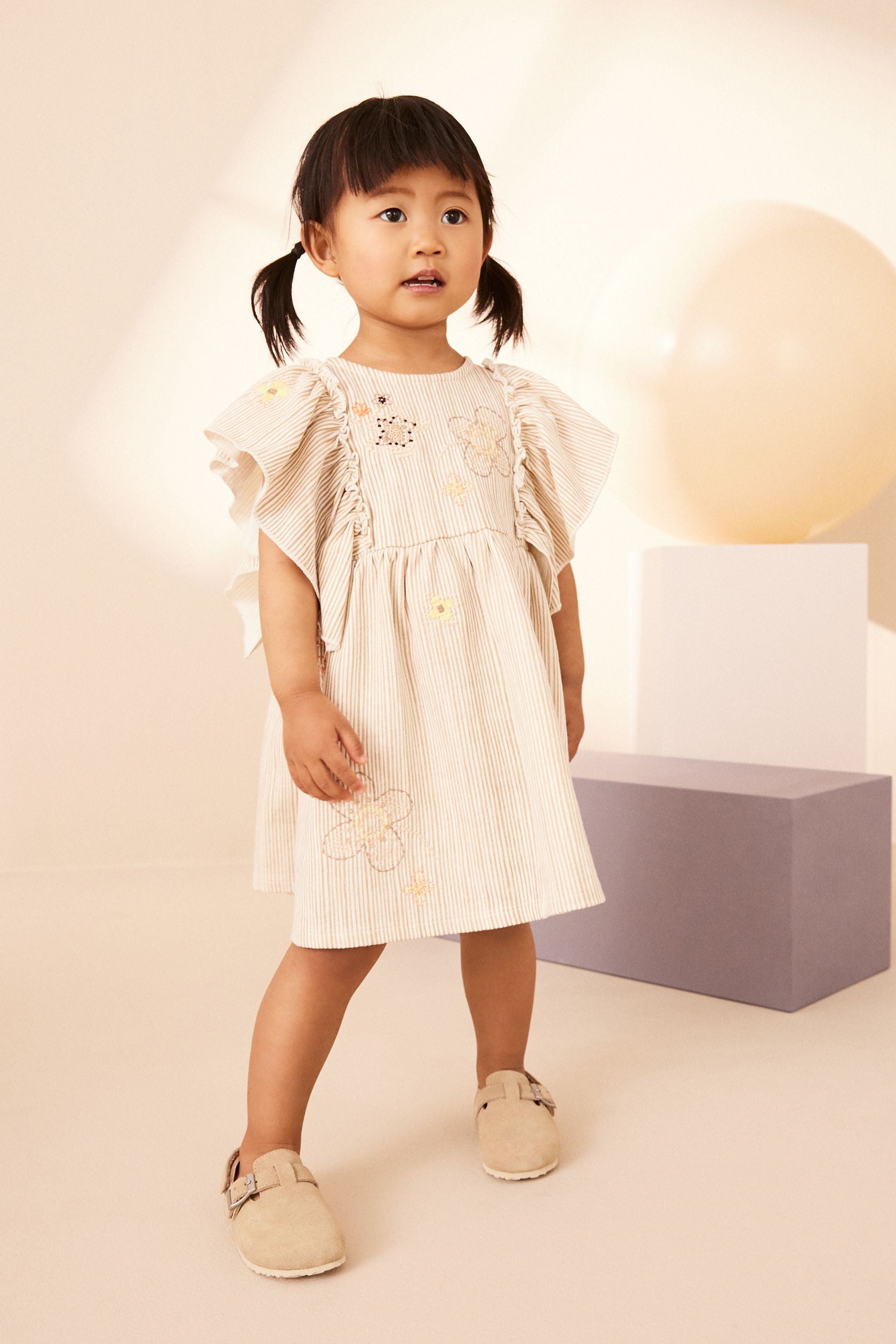 Neutral Short Sleeve Embroidered Dress (3mths-7yrs)