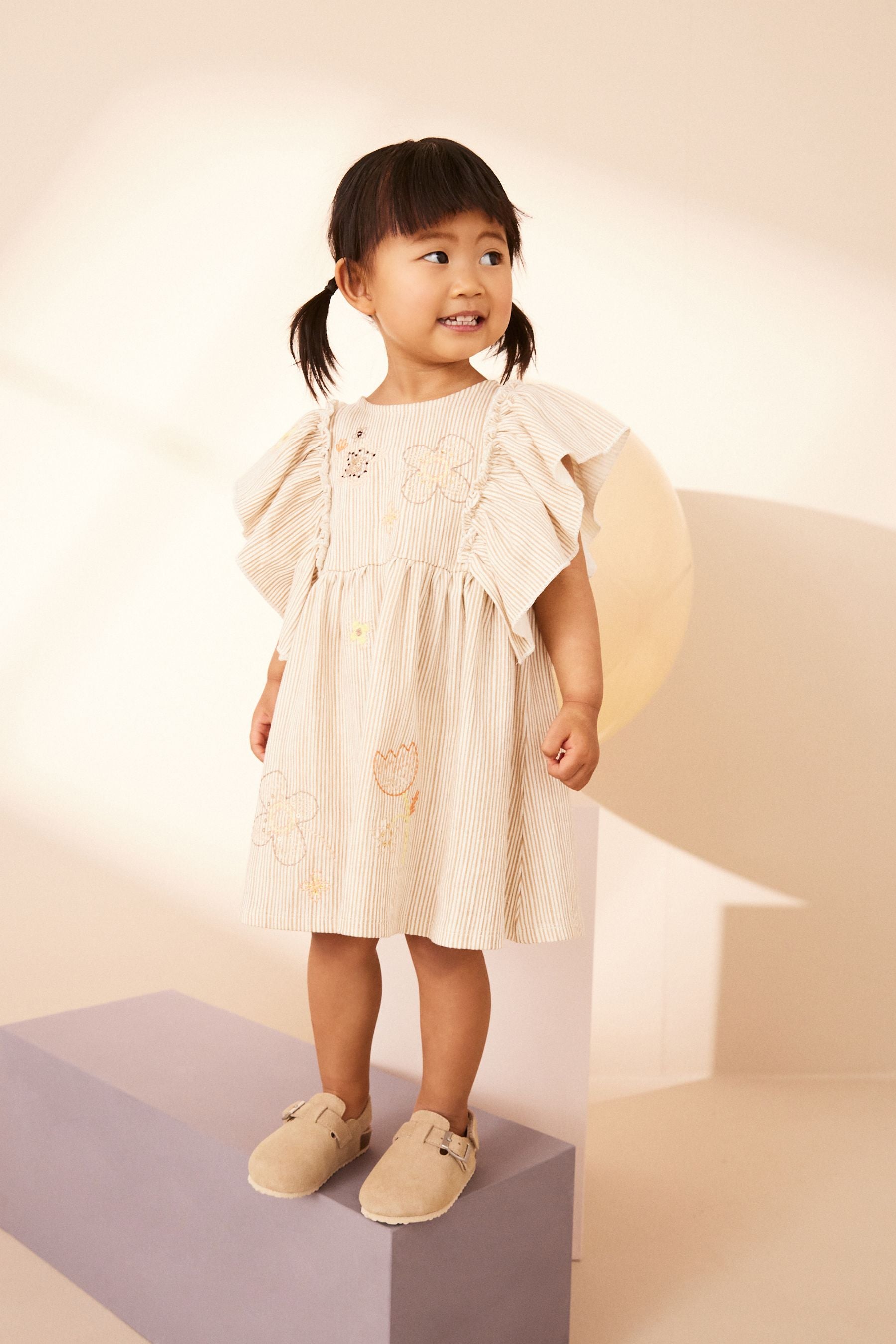 Neutral Short Sleeve Embroidered Dress (3mths-7yrs)