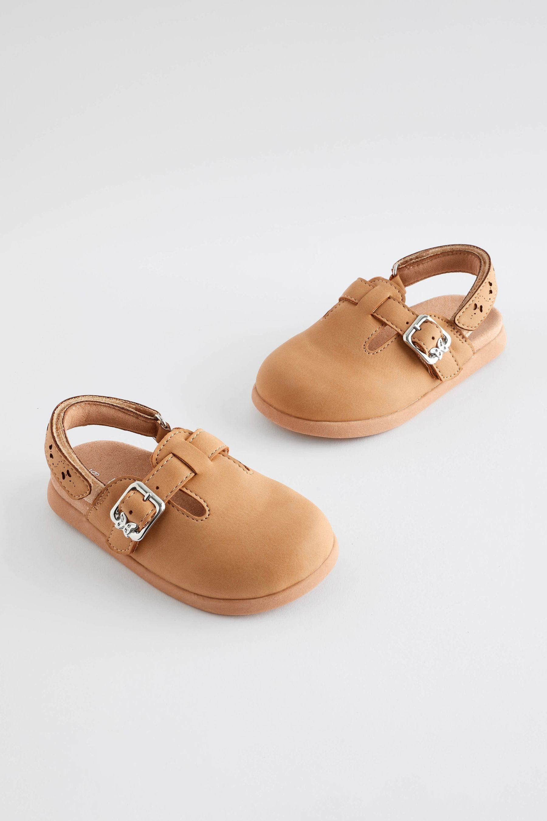 Brown Tan Ankle Strap Buckle Detail Clogs