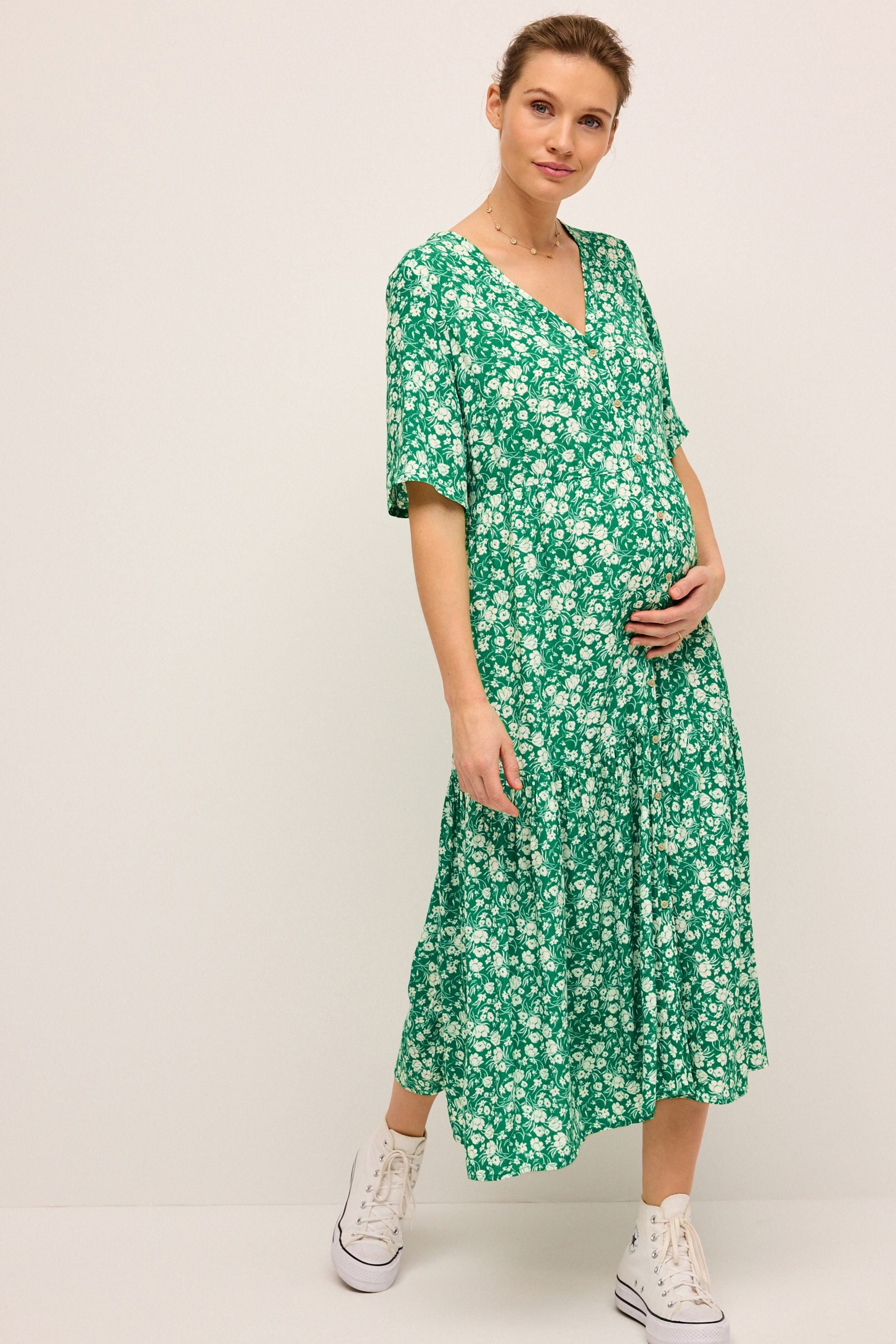 Green Floral Maternity Angel Sleeve Dress