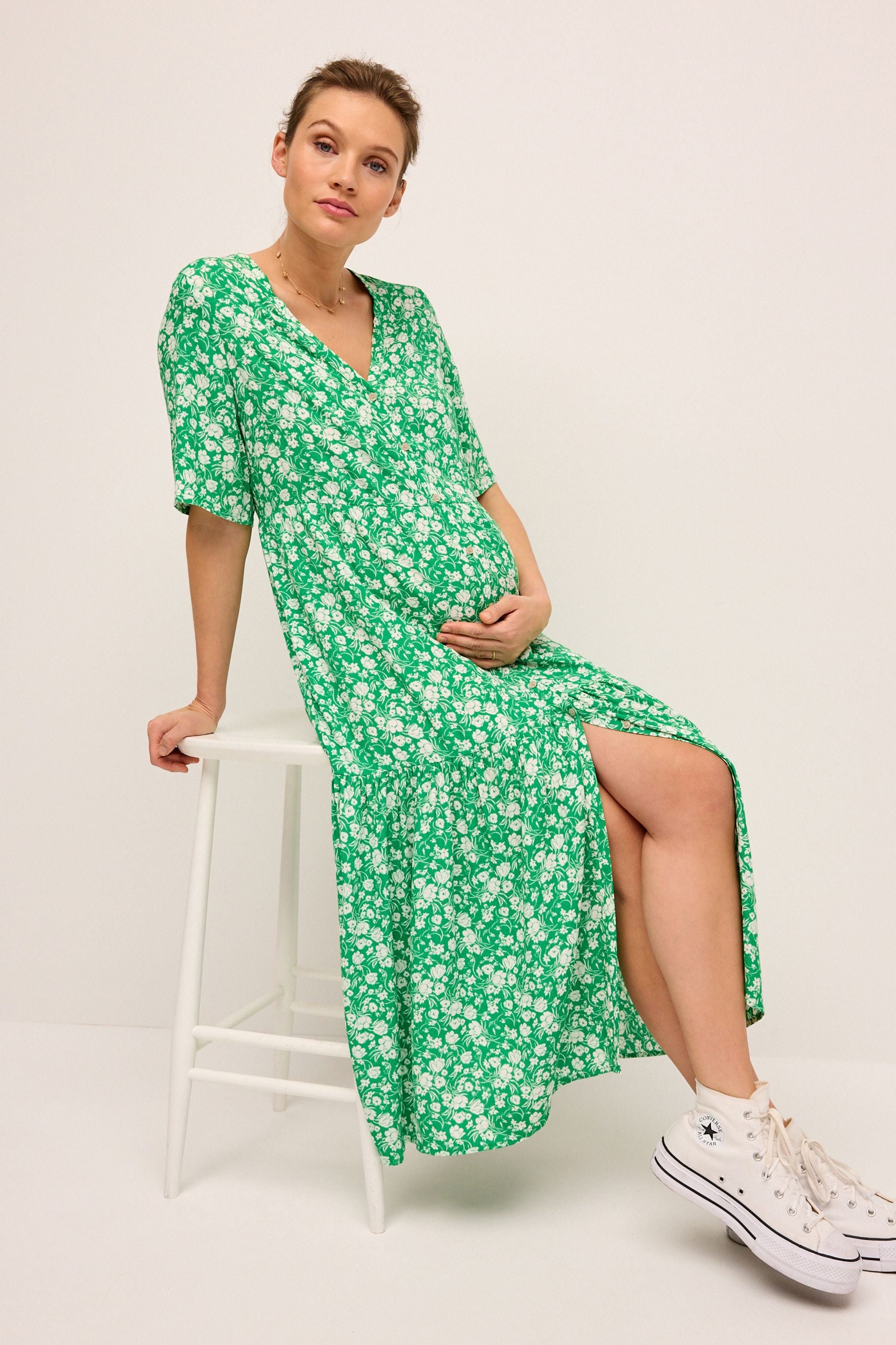 Green Floral Maternity Angel Sleeve Dress