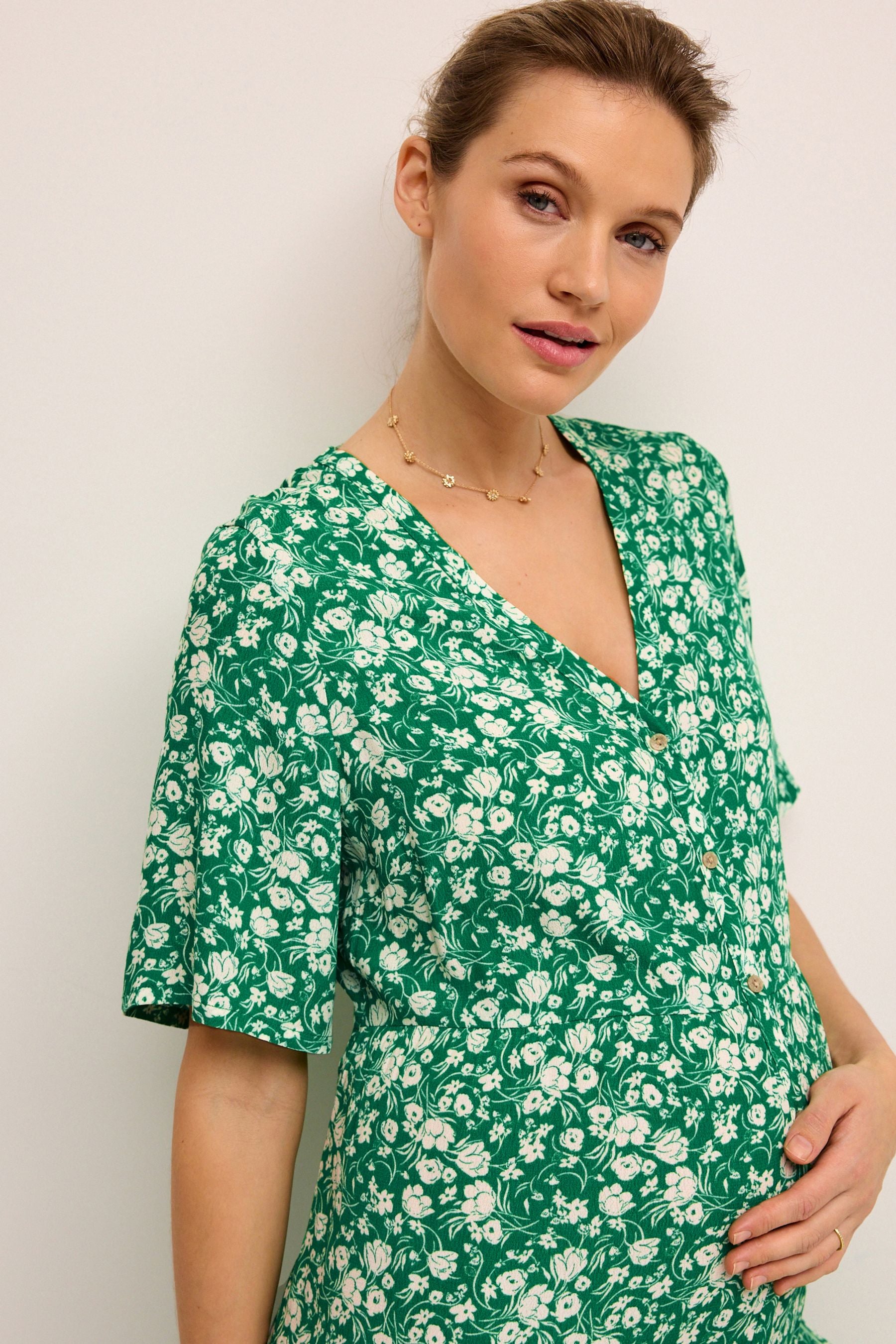 Green Floral Maternity Angel Sleeve Dress