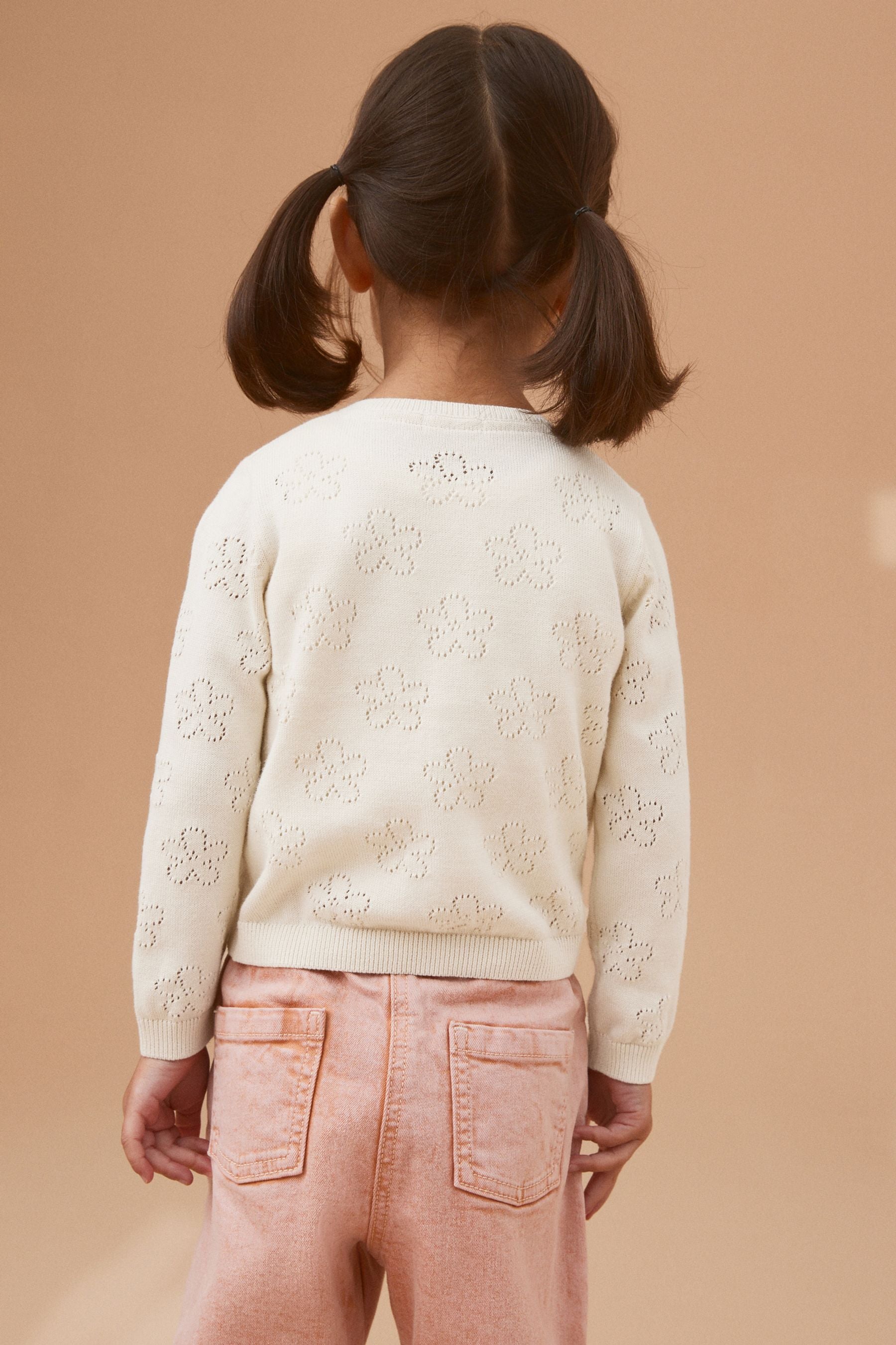 Ecru Cream Marl 100% Cotton Flower Pointelle Cardigan (3mths-10yrs)