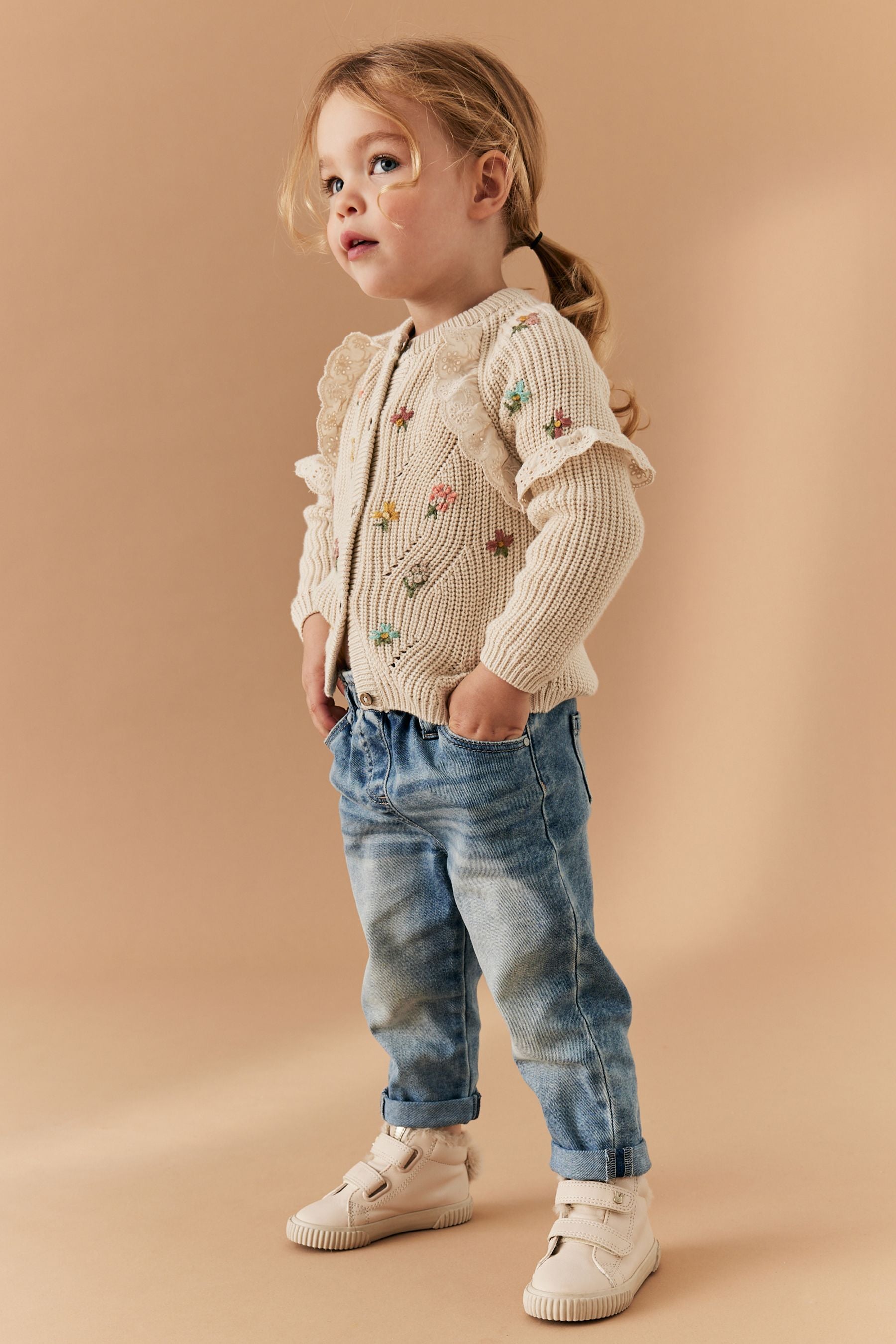 Ecru Cream Marl Broderie Frill Cardigan (3mths-7yrs)