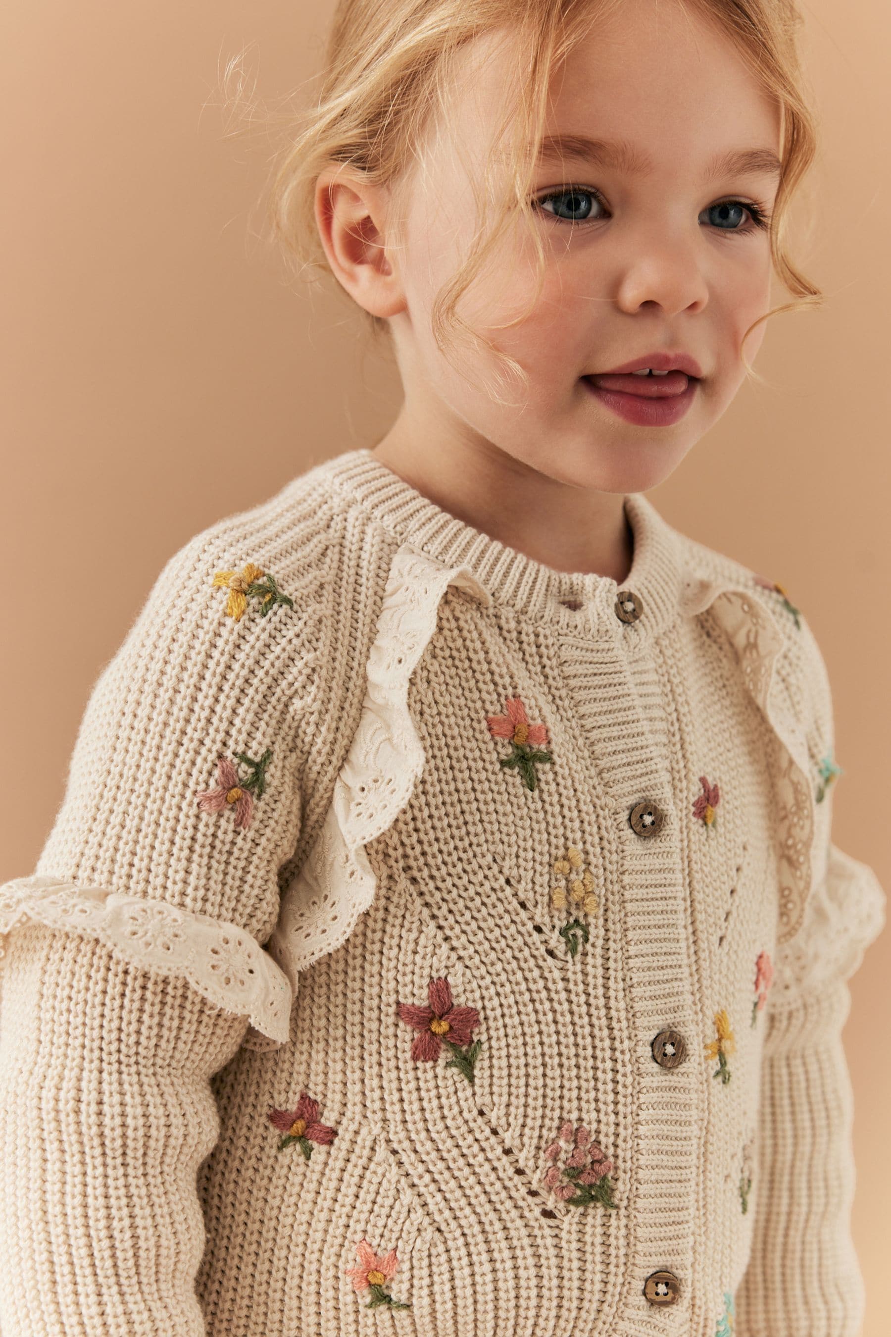 Ecru Cream Marl Broderie Frill Cardigan (3mths-7yrs)