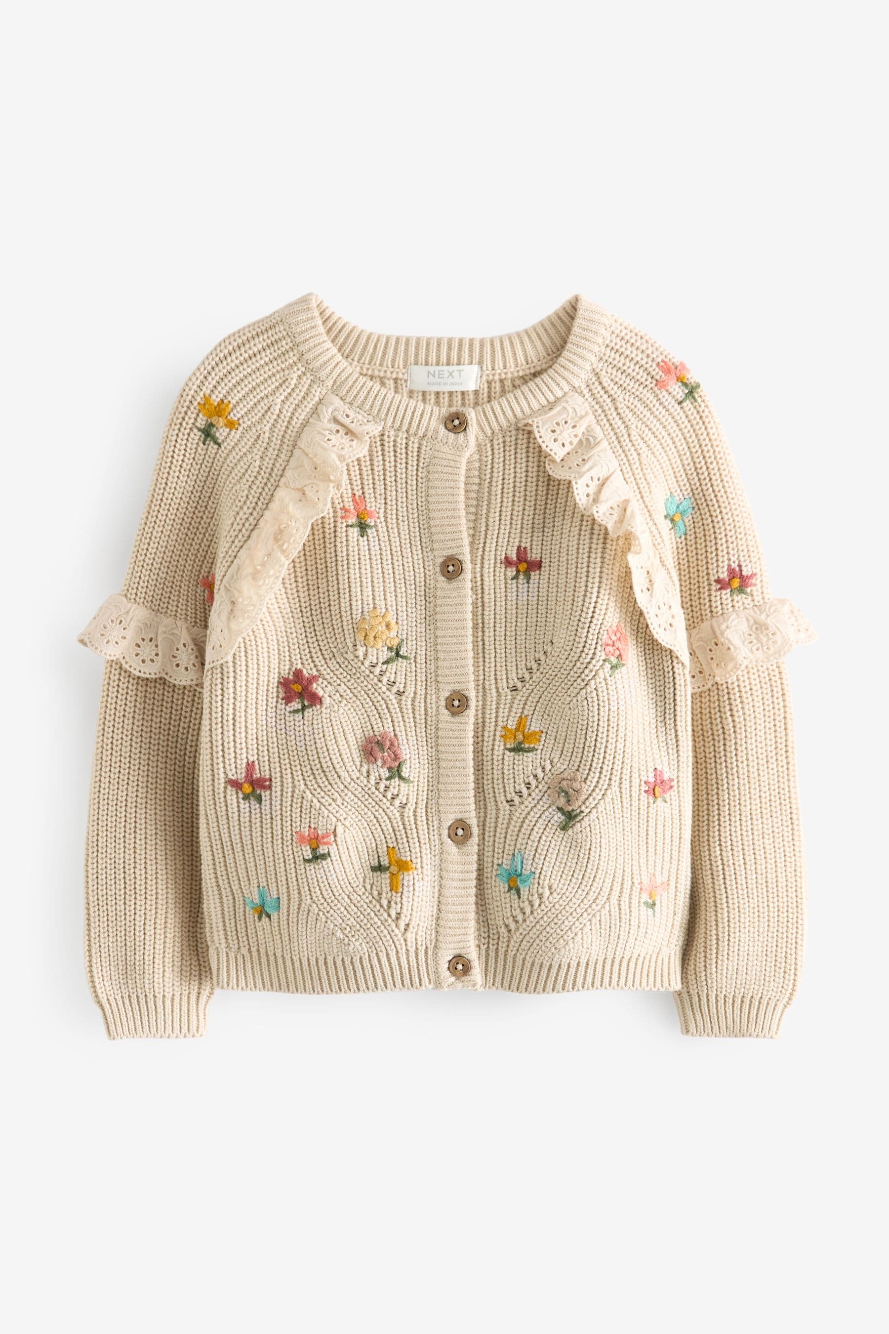 Ecru Cream Marl Broderie Frill Cardigan (3mths-7yrs)