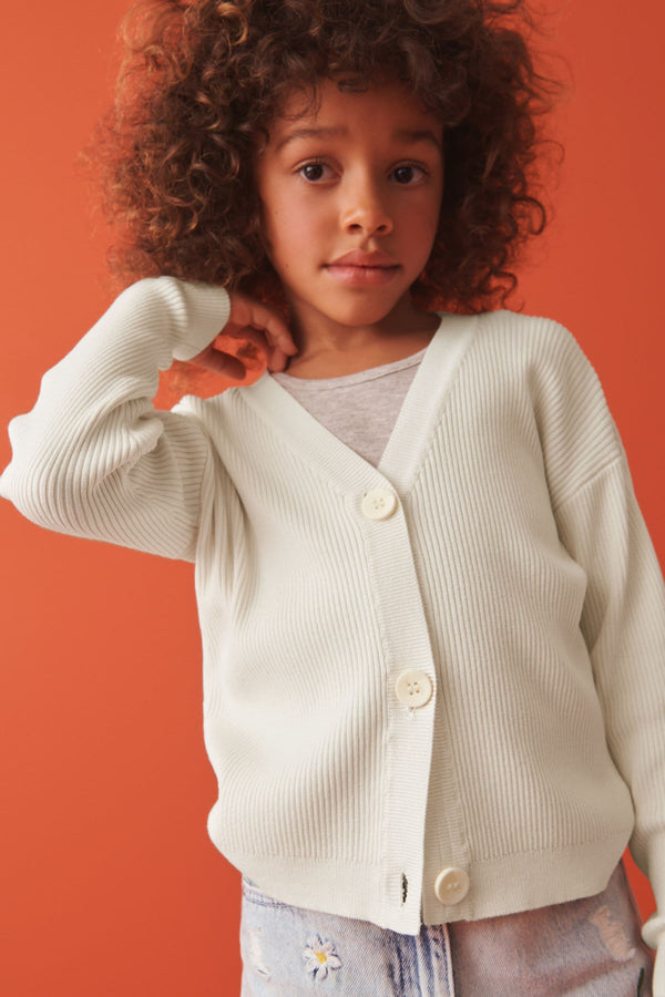 Ecru Cream Ribbed V-Neck Cardigan (3-16yrs)