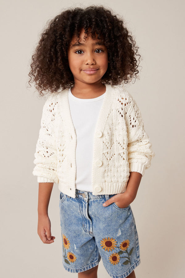 Ecru Cream Crochet V-Neck Cardigan (3-16yrs)