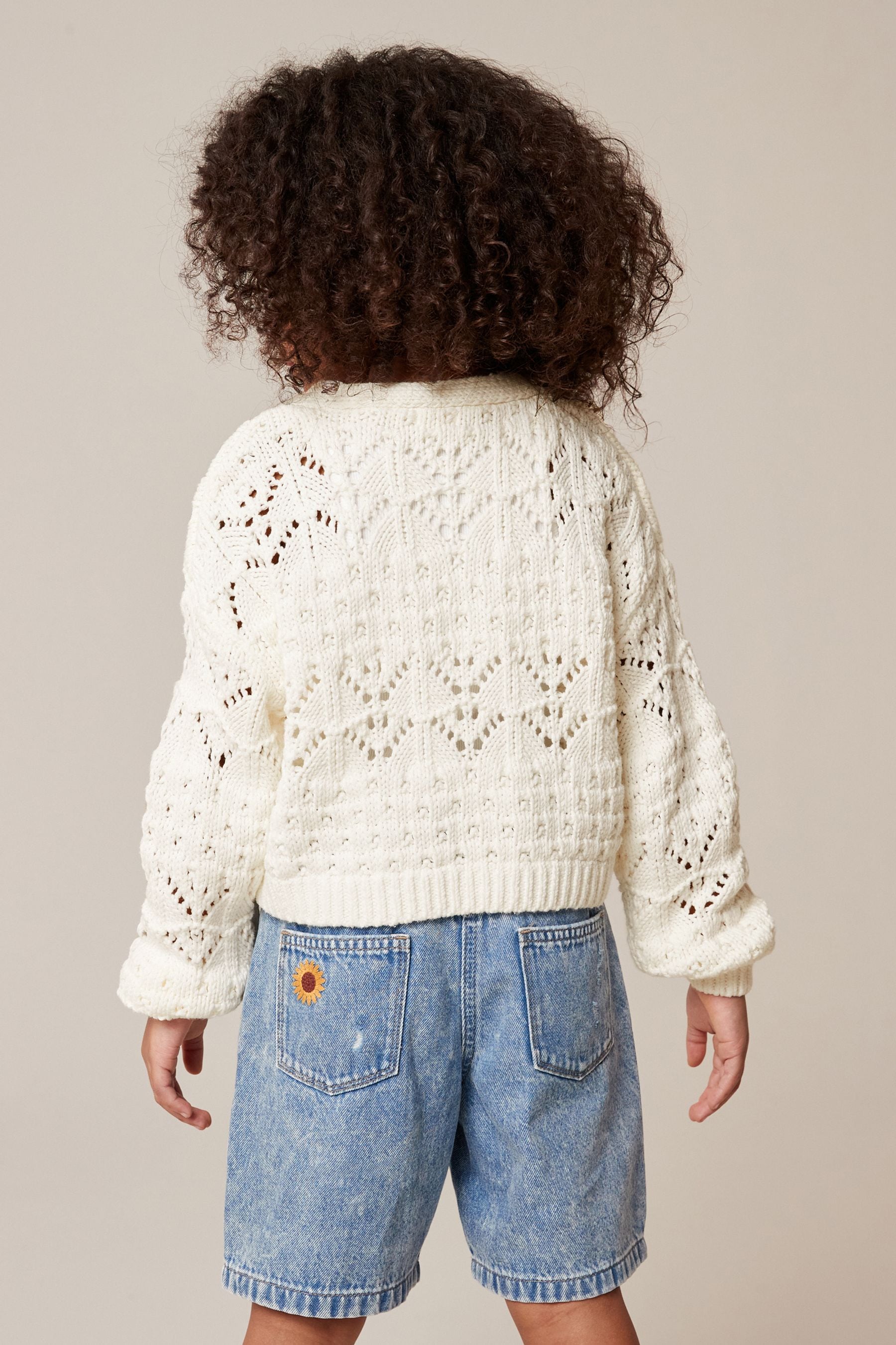 Ecru Cream Crochet V-Neck Cardigan (3-16yrs)