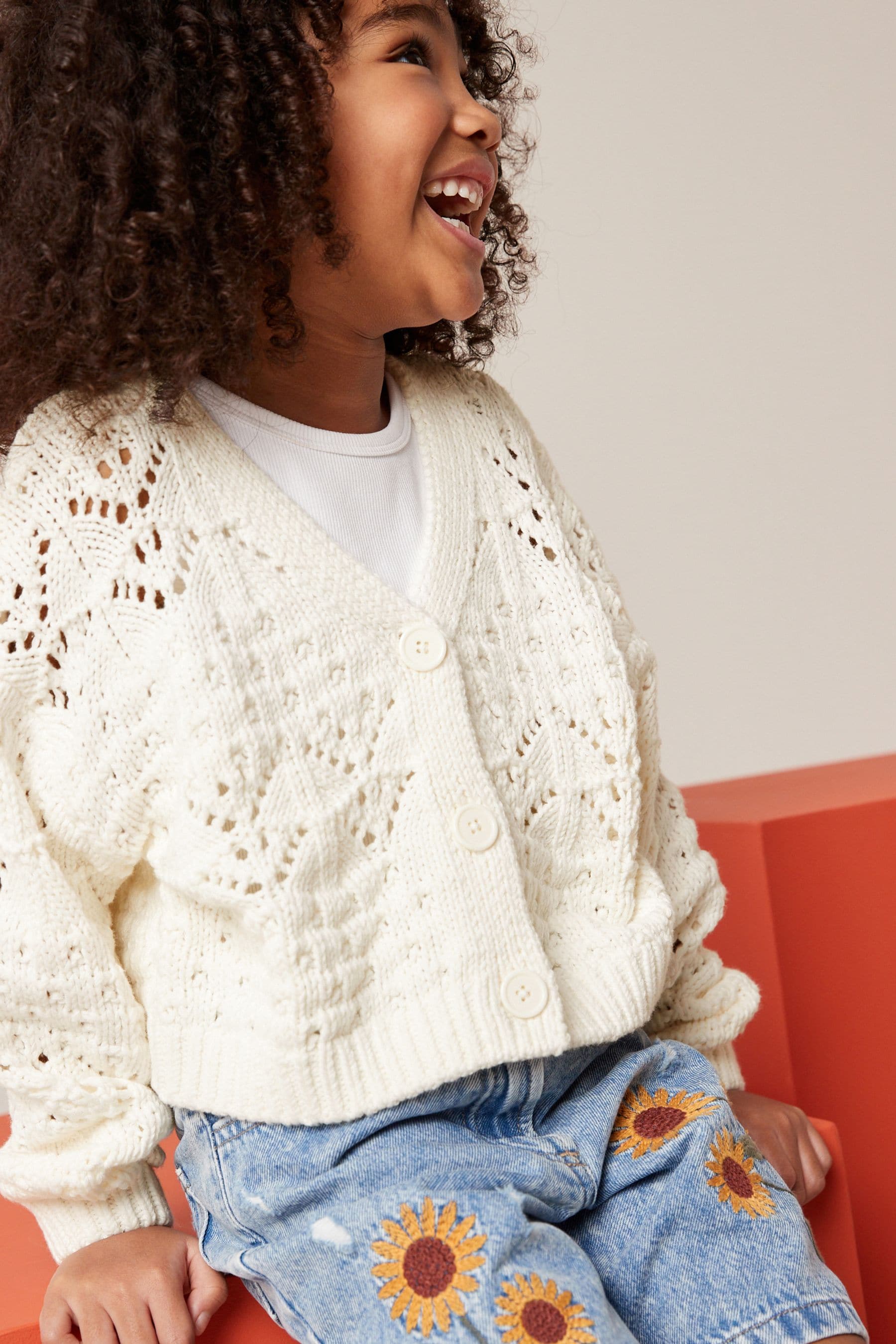 Ecru Cream Crochet V-Neck Cardigan (3-16yrs)