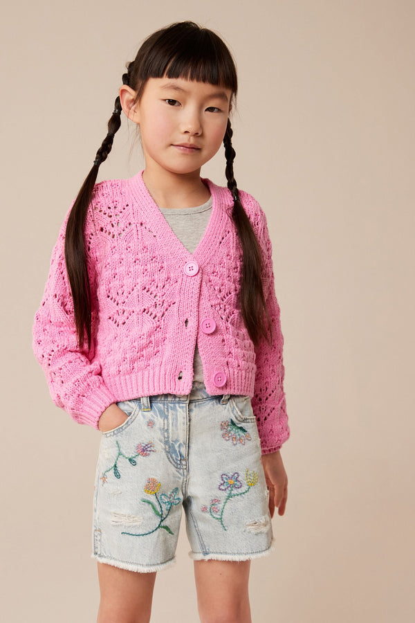 Pink Crochet V-Neck Cardigan (3-16yrs)