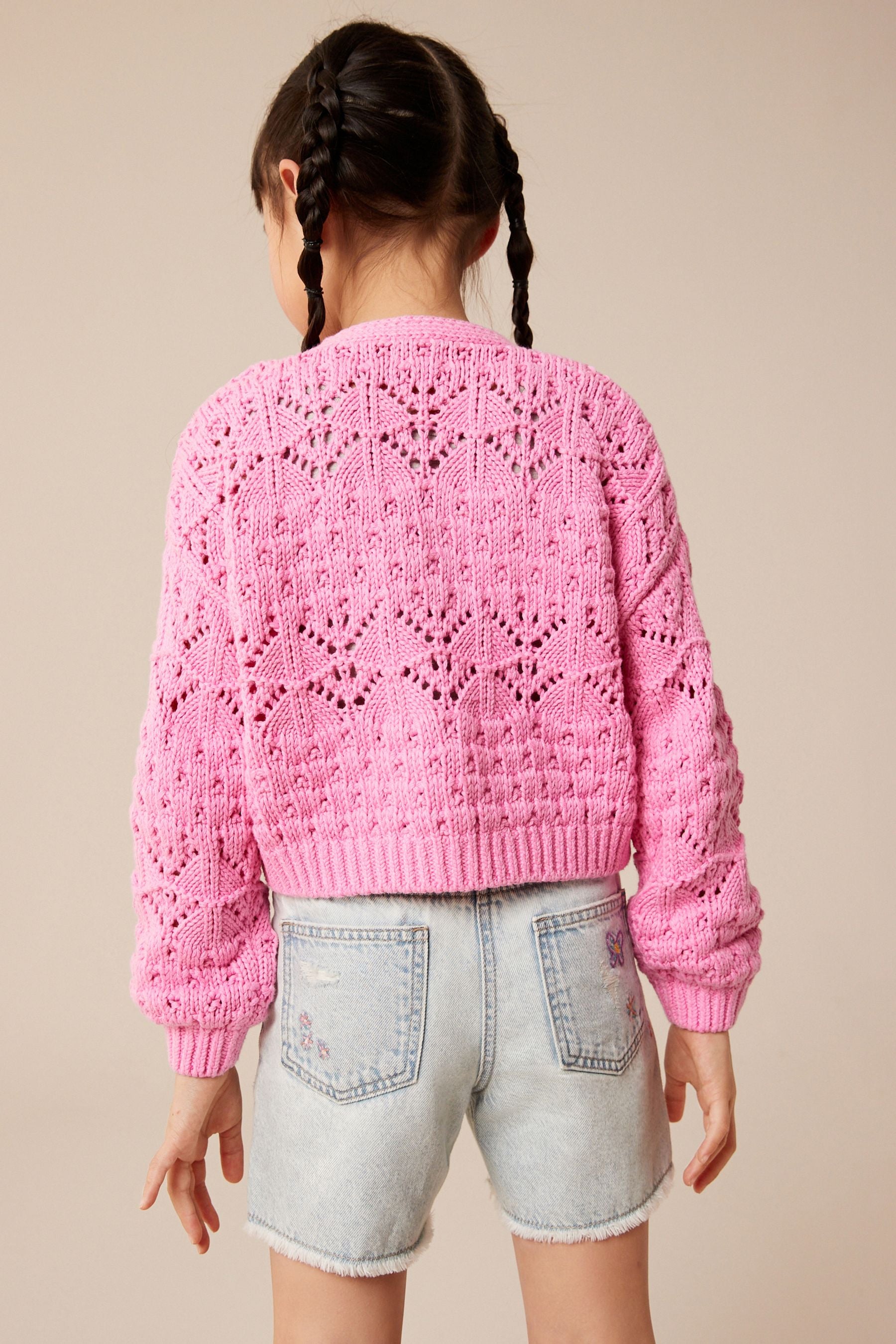 Pink Crochet V-Neck Cardigan (3-16yrs)