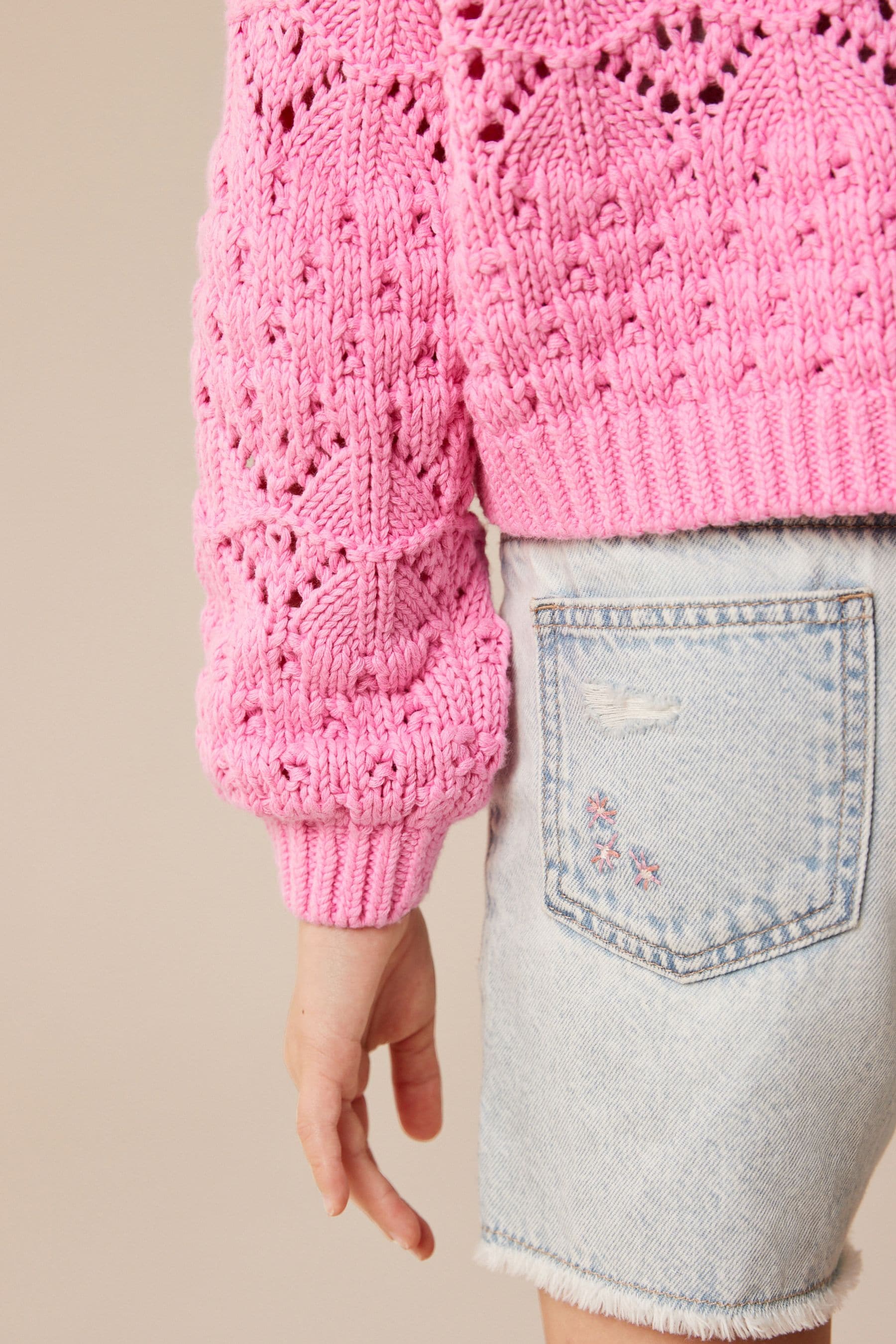 Pink Crochet V-Neck Cardigan (3-16yrs)