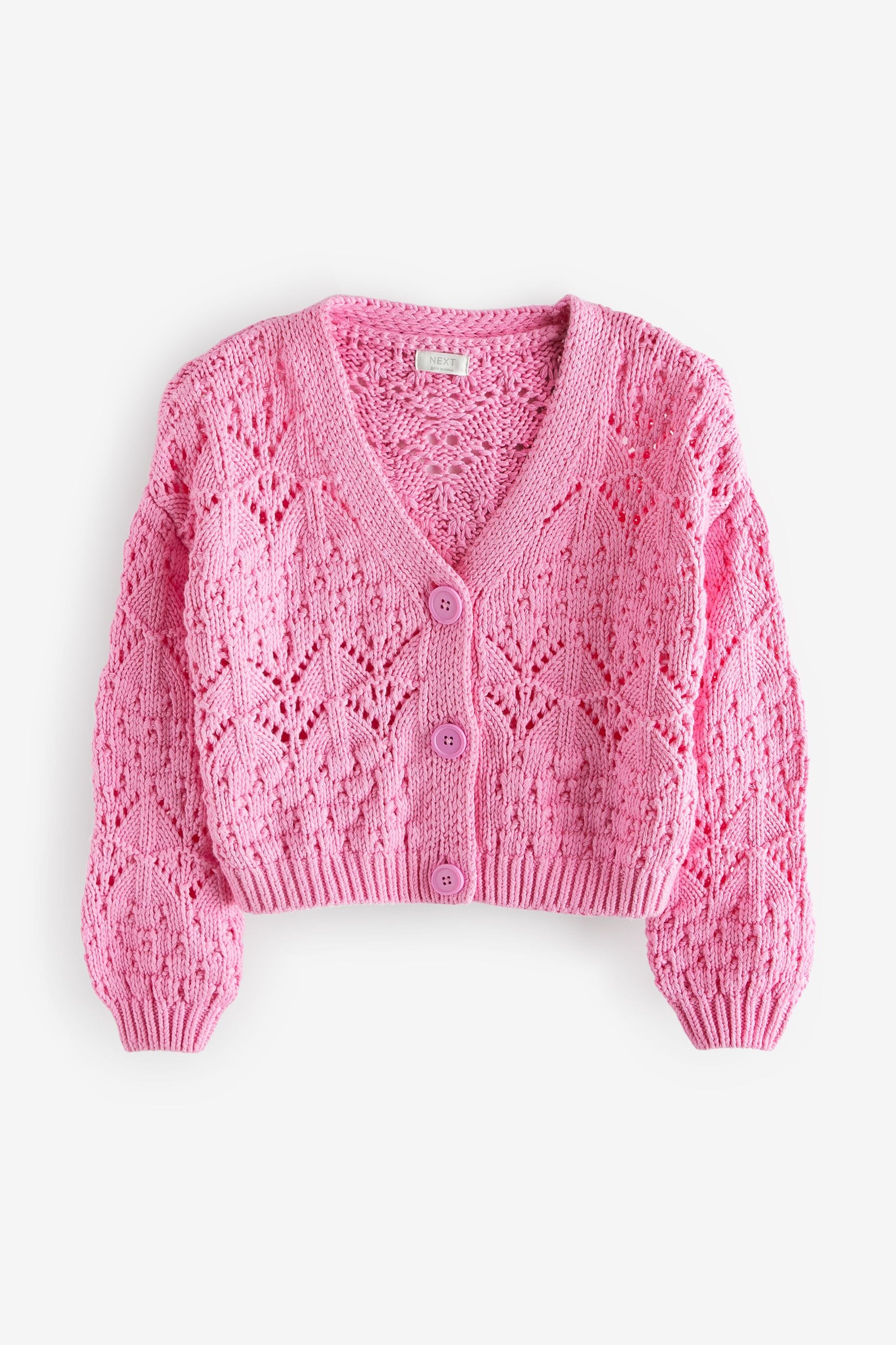 Pink Crochet V-Neck Cardigan (3-16yrs)