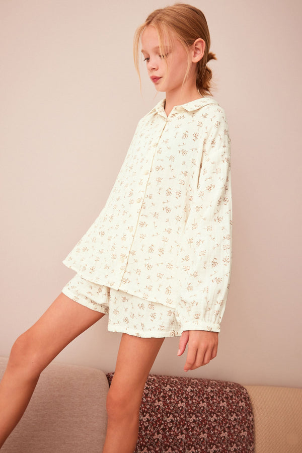 Neutral Floral Print Button Through Short Pyjamas (6-16yrs)