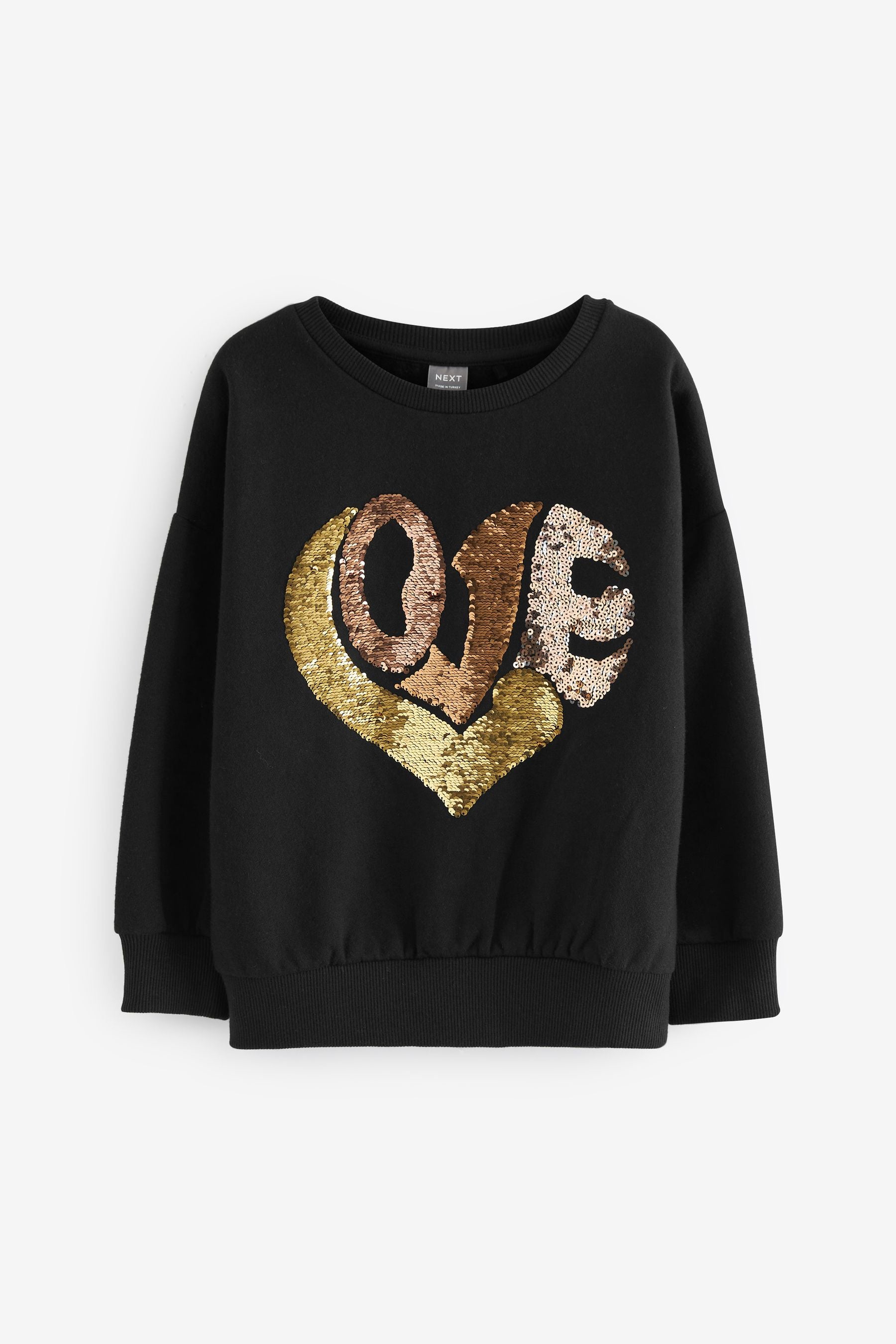 Black/Gold Love Heart Sequin Crew Sweatshirt Top (3-16yrs)