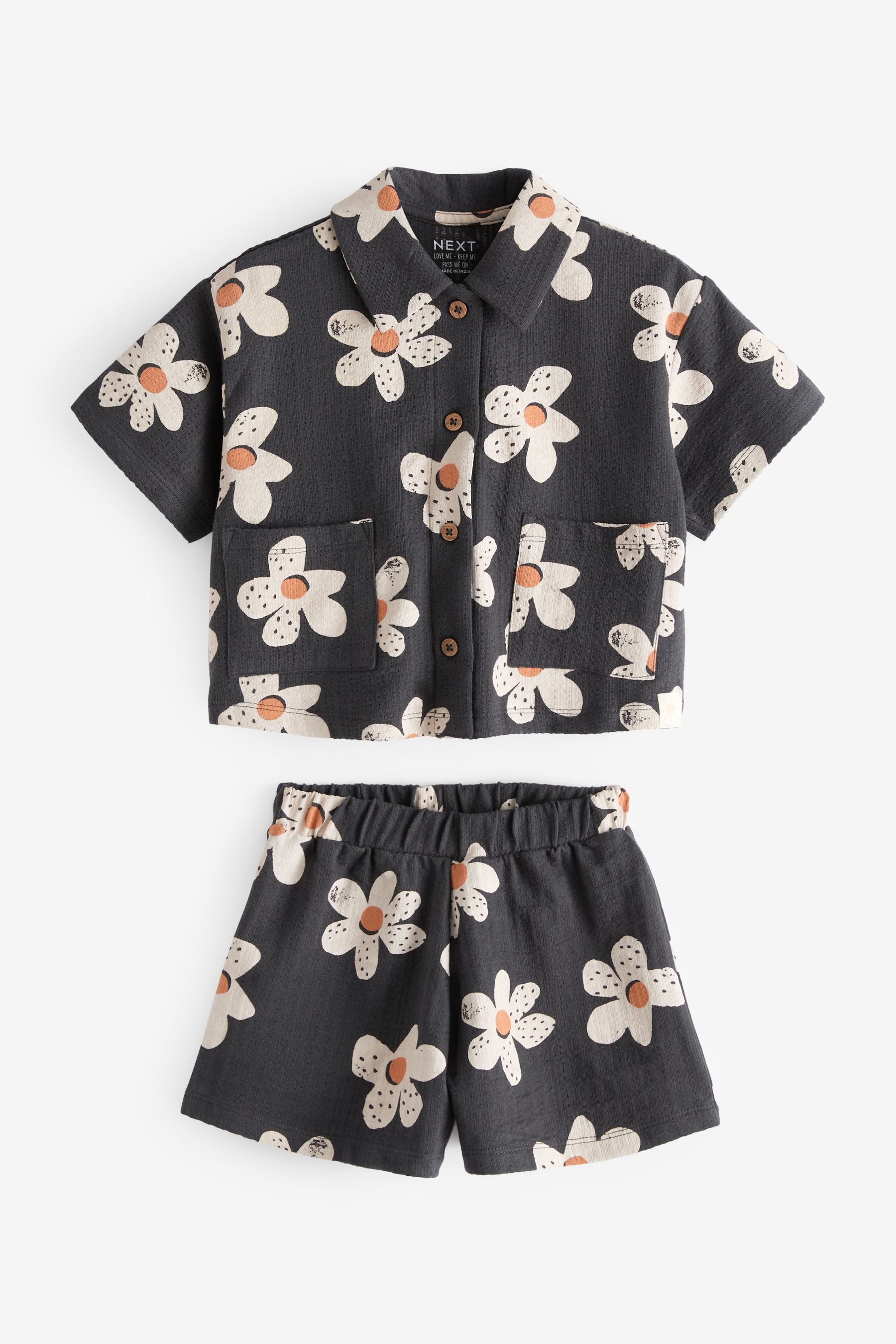 Black & White Flowers Short Sleeve Shirt and Shorts Set (3mths-7yrs)