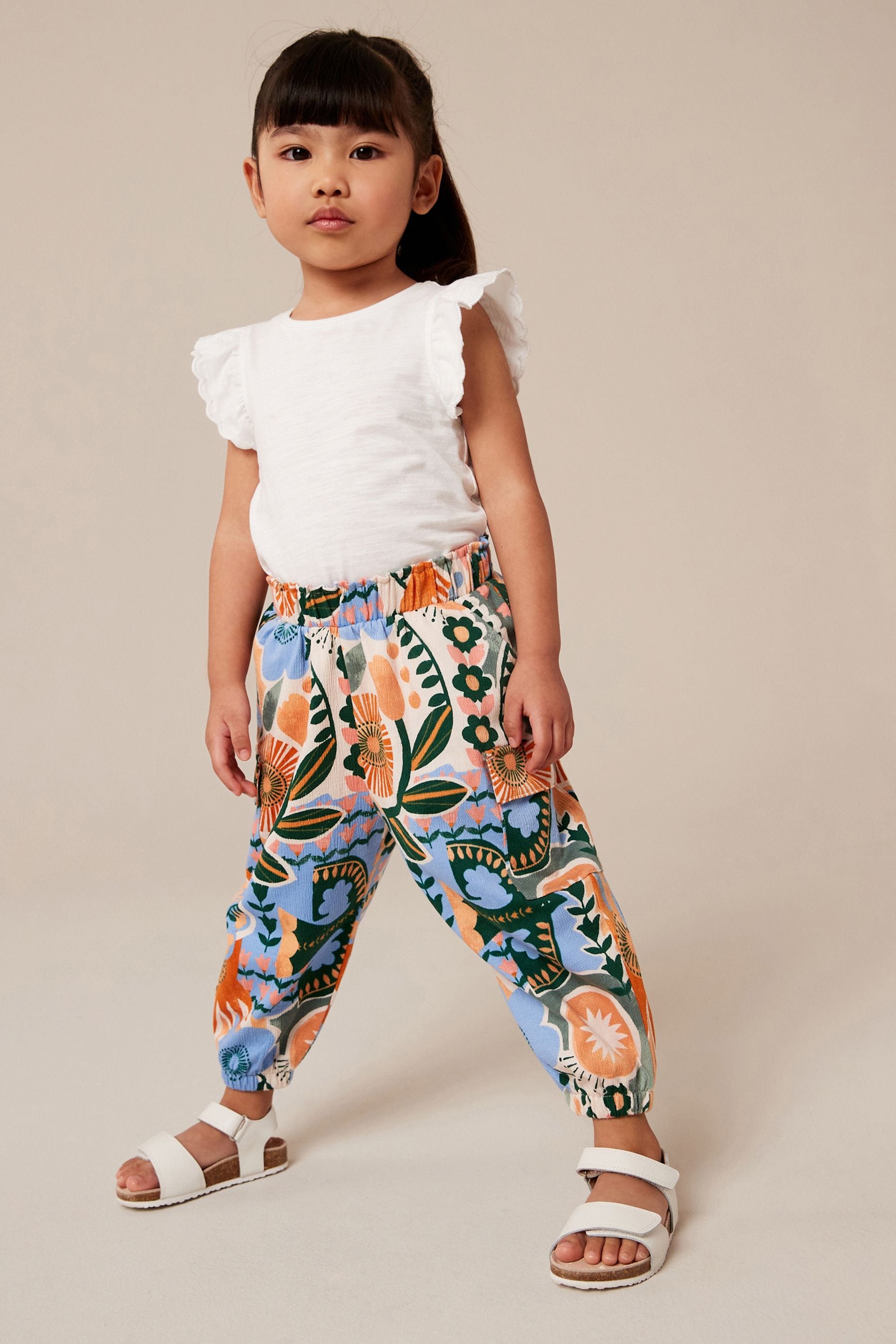 Khaki/Coral Tropical Floral Print Cargo Trousers (3mths-7yrs)