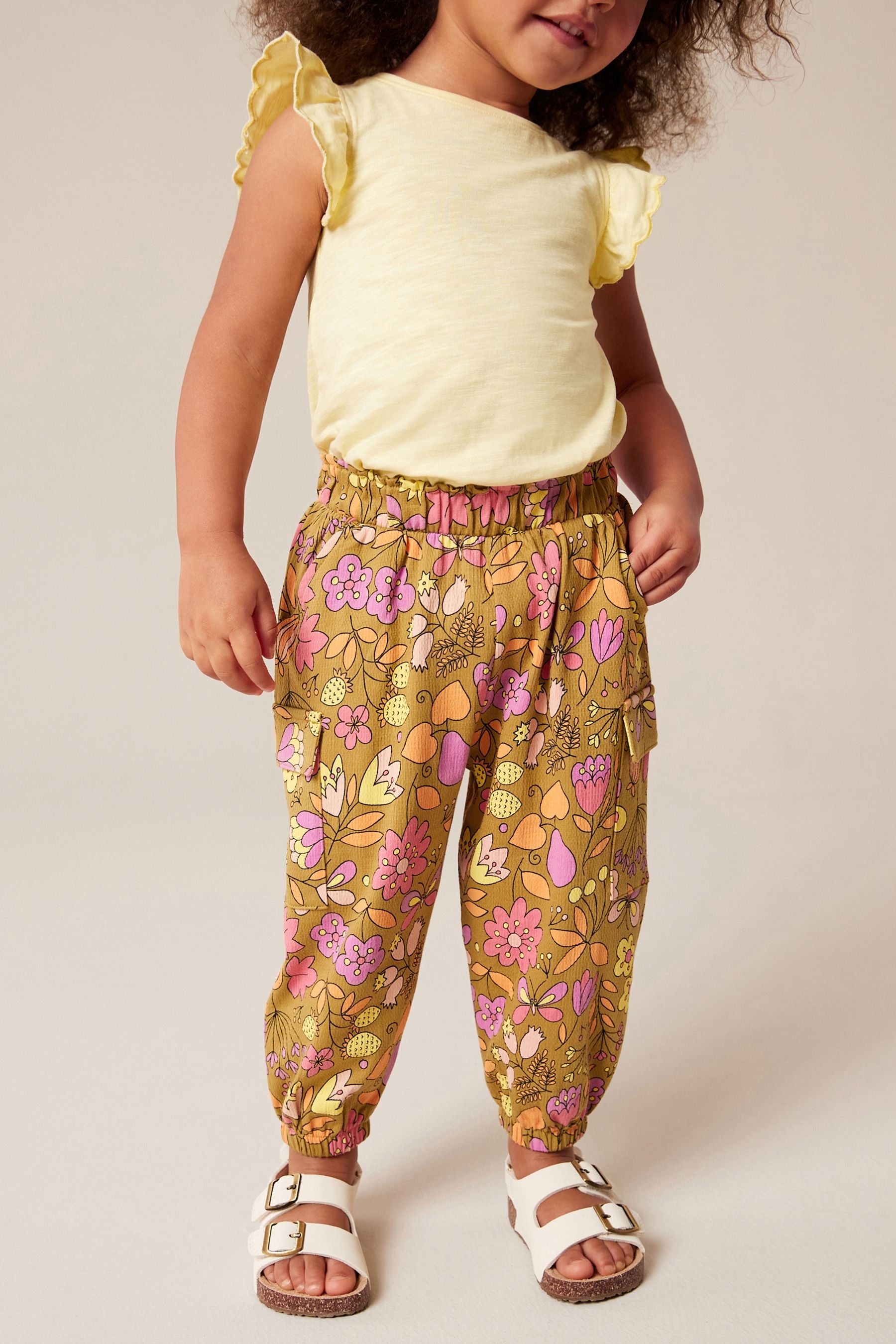 Khaki/Coral Tropical Floral Print Cargo Trousers (3mths-7yrs)