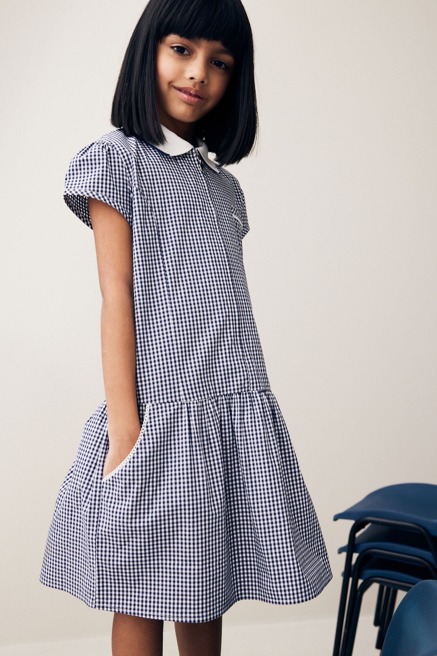 Navy Blue Cotton Rich School Gingham Zip Dress (3-14yrs)