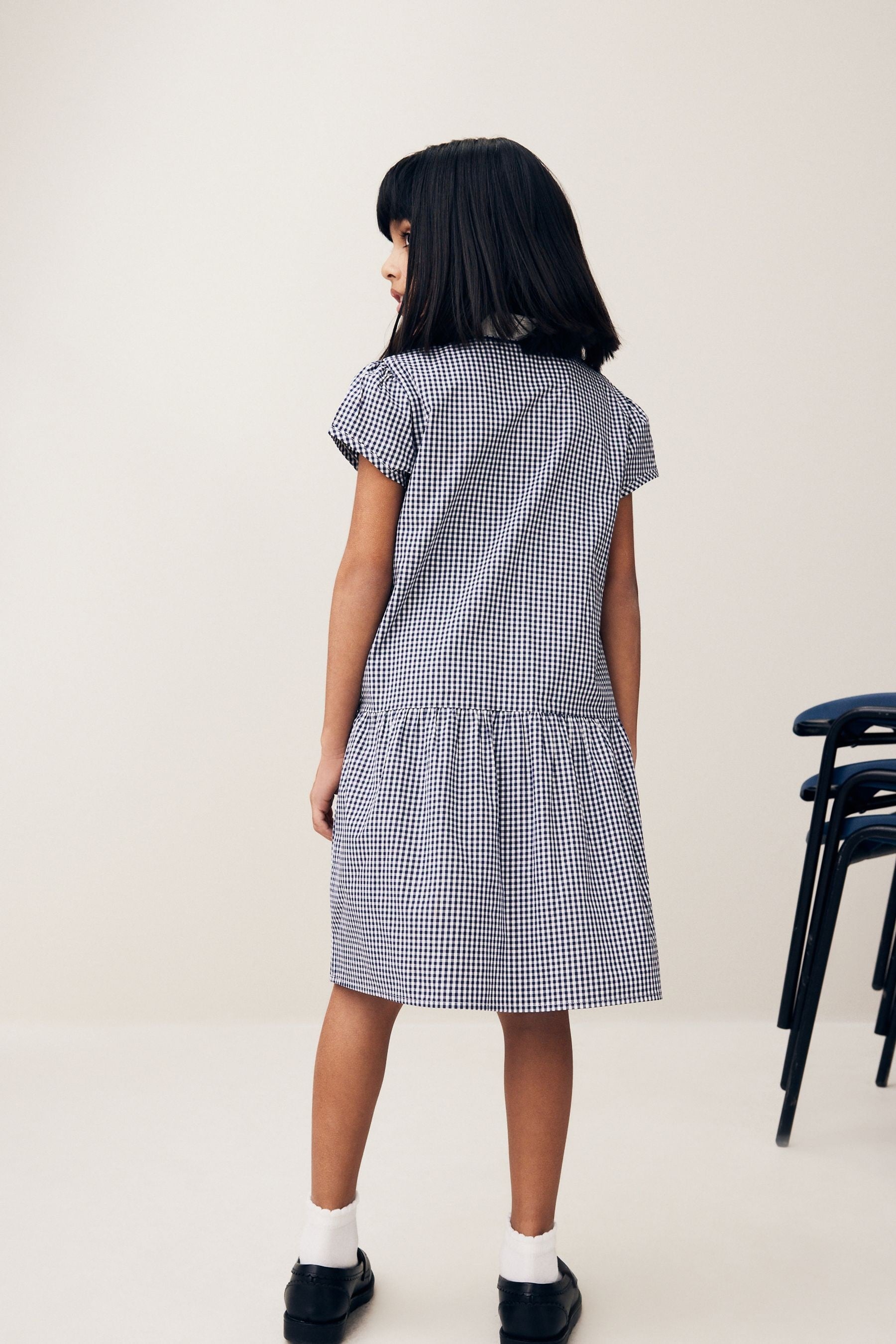 Navy Blue Cotton Rich School Gingham Zip Dress (3-14yrs)