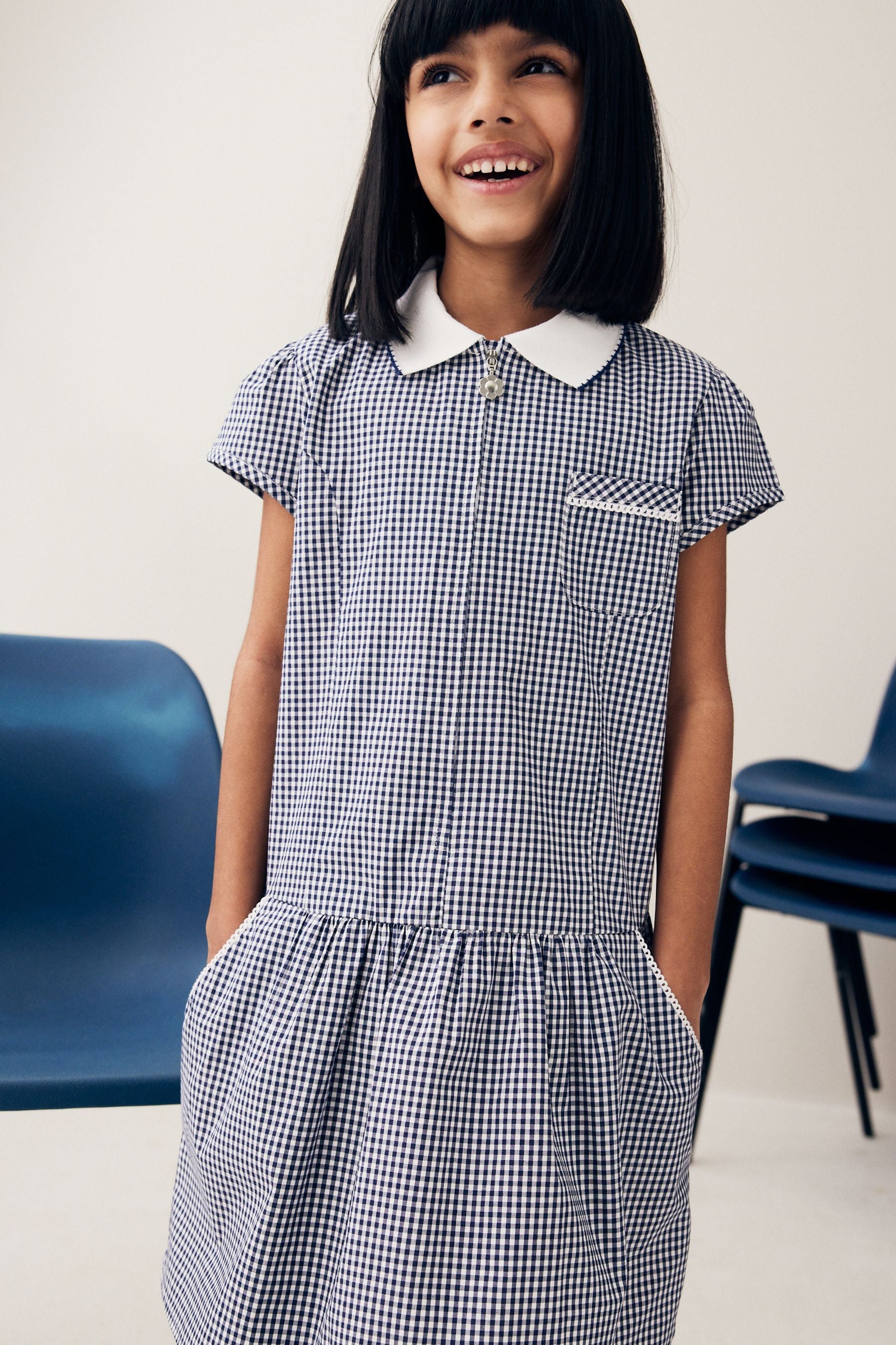 Navy Blue Cotton Rich School Gingham Zip Dress (3-14yrs)