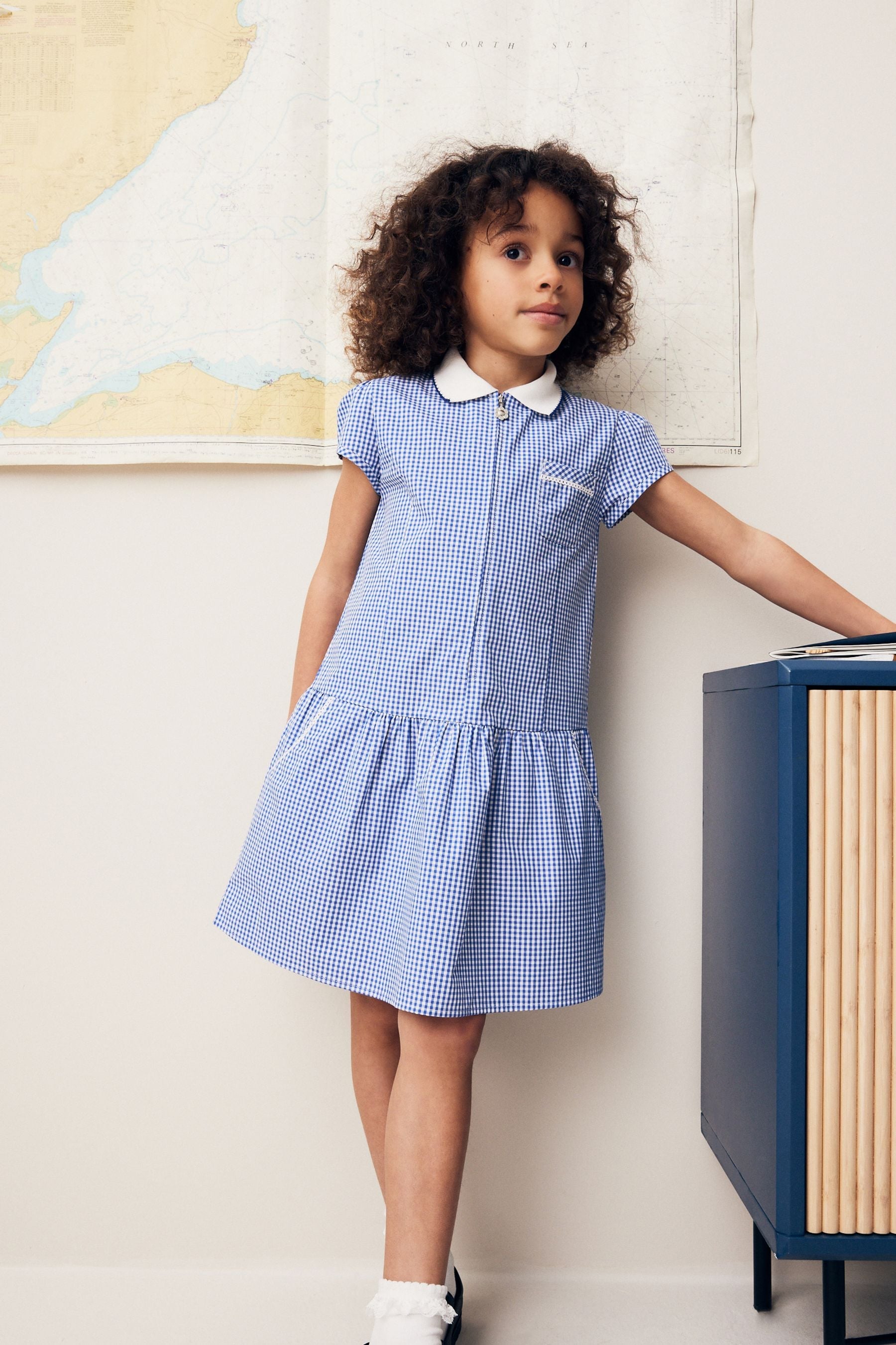 Mid Blue Zip Front Cotton Rich Gingham School Dress (3-14yrs)